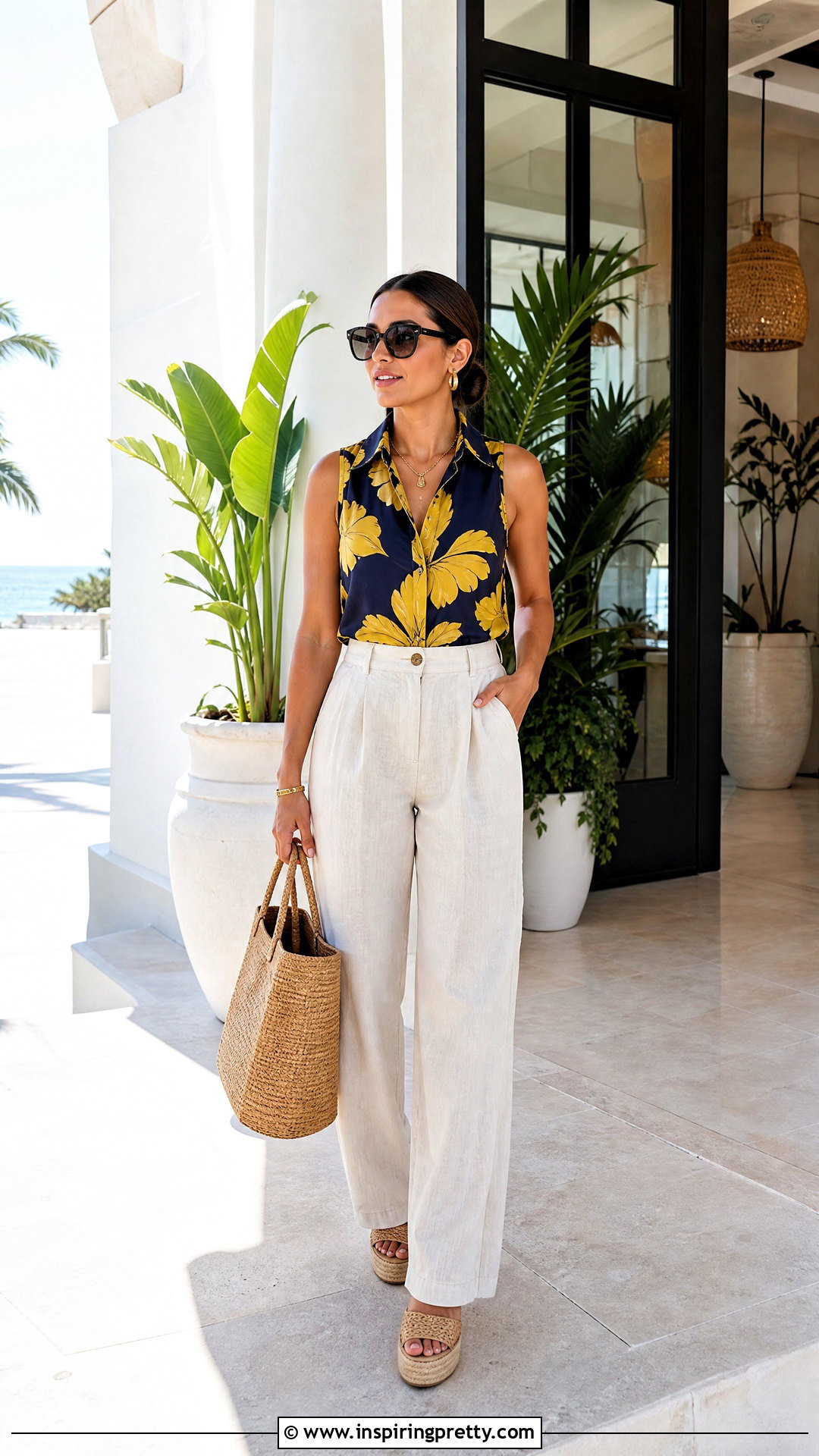 Navy And Yellow Top With Beige Linen Pants And Espadrilles - 25 navy and yellow top outfit ideas