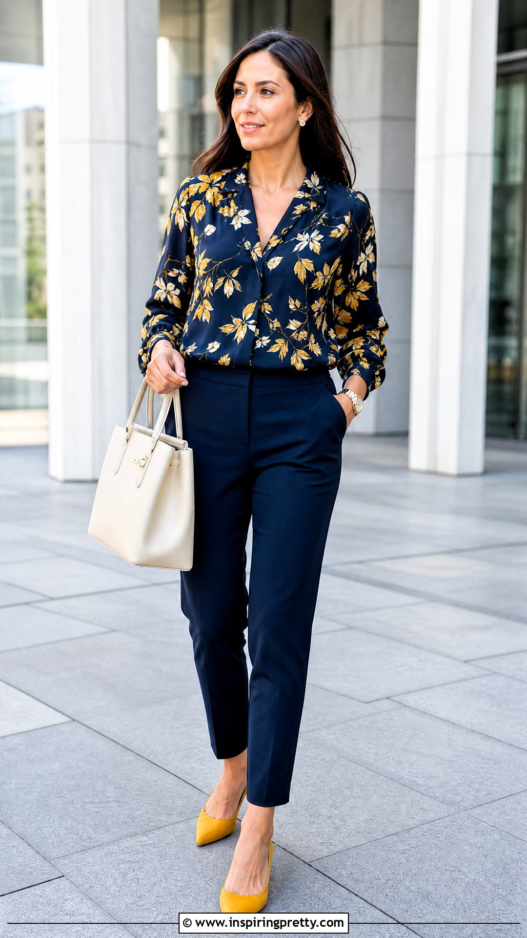 Navy And Yellow Top With Navy Trousers And Yellow Flats - 25 navy and yellow top outfit ideas