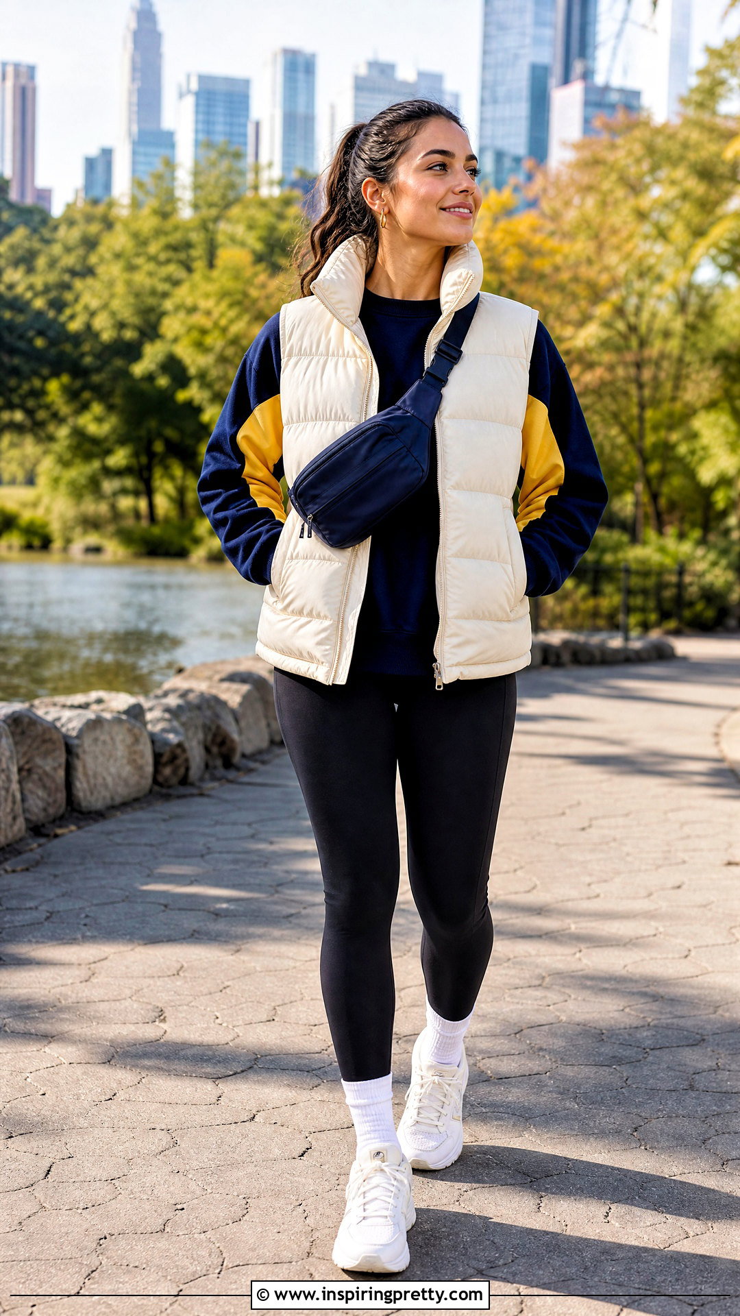 Navy And Yellow Top With Puffer Vest And Black Leggings - 25 navy and yellow top outfit ideas