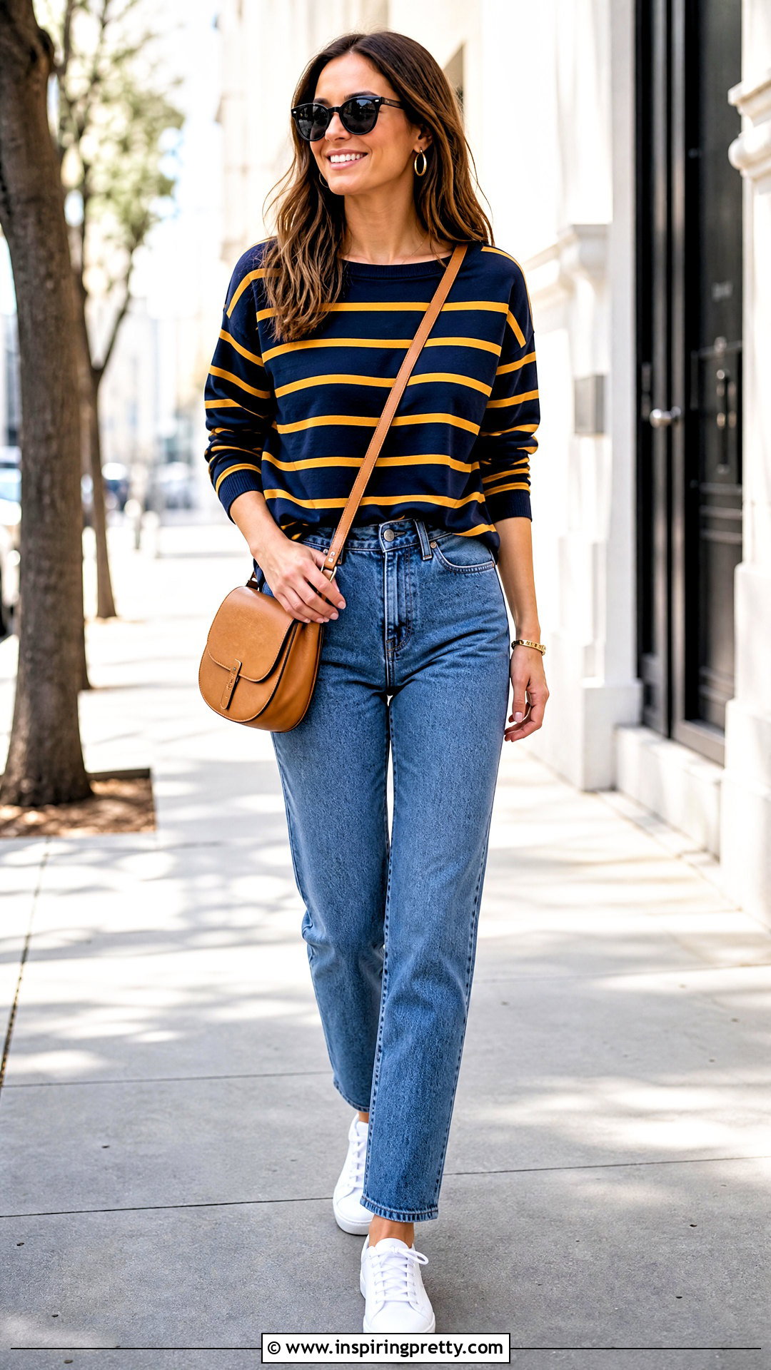 Navy And Yellow Top With Straight Leg Jeans And White Sneakers - 25 navy and yellow top outfit ideas
