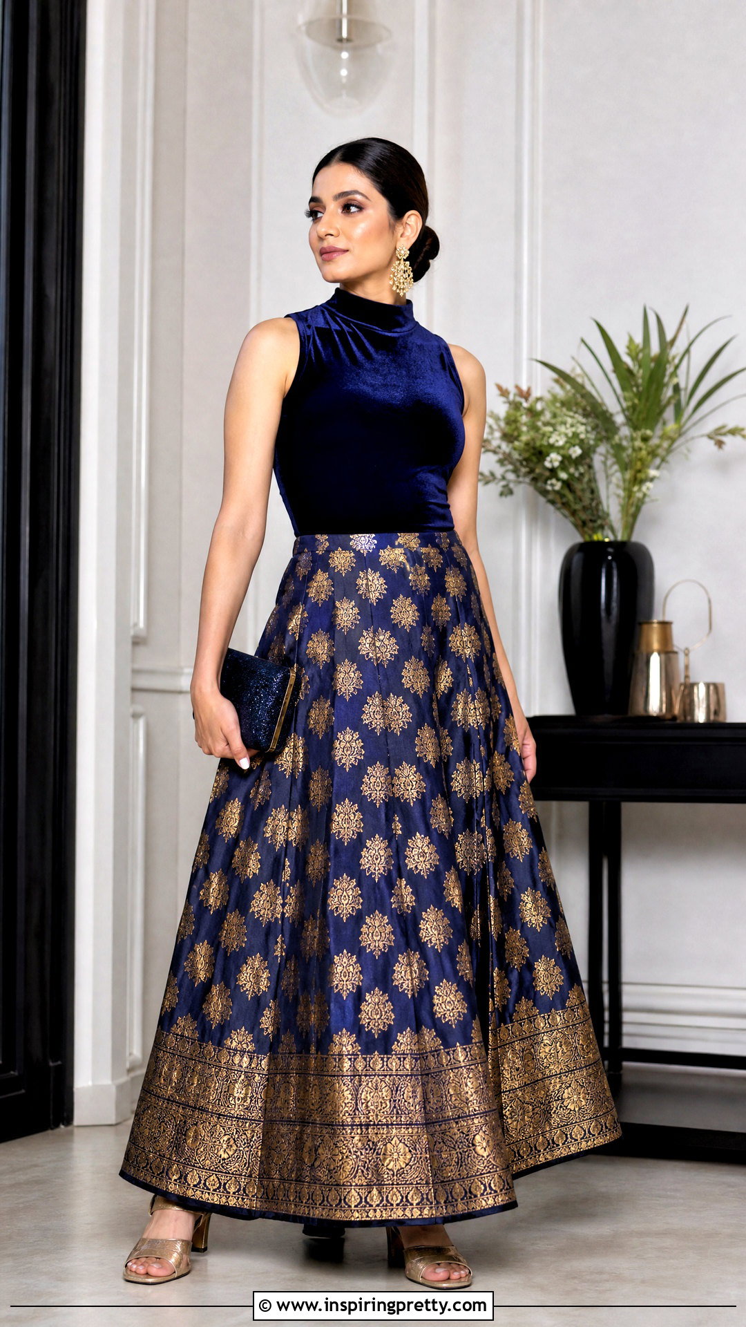 Navy Banarasi Skirt With High Neck Blouse - 50 banarasi skirt and top outfit ideas