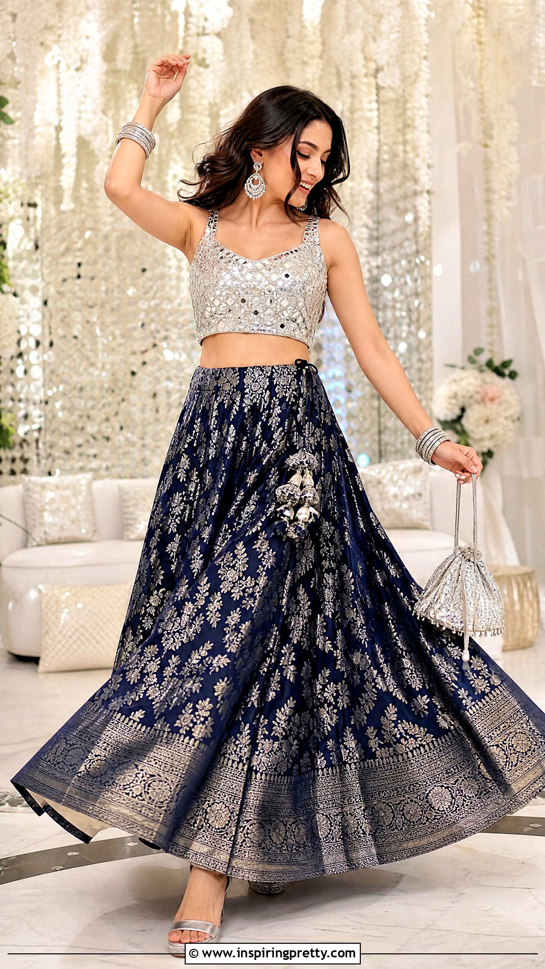 Navy Banarasi Skirt With Mirror Work Crop Top - 50 banarasi skirt and top outfit ideas