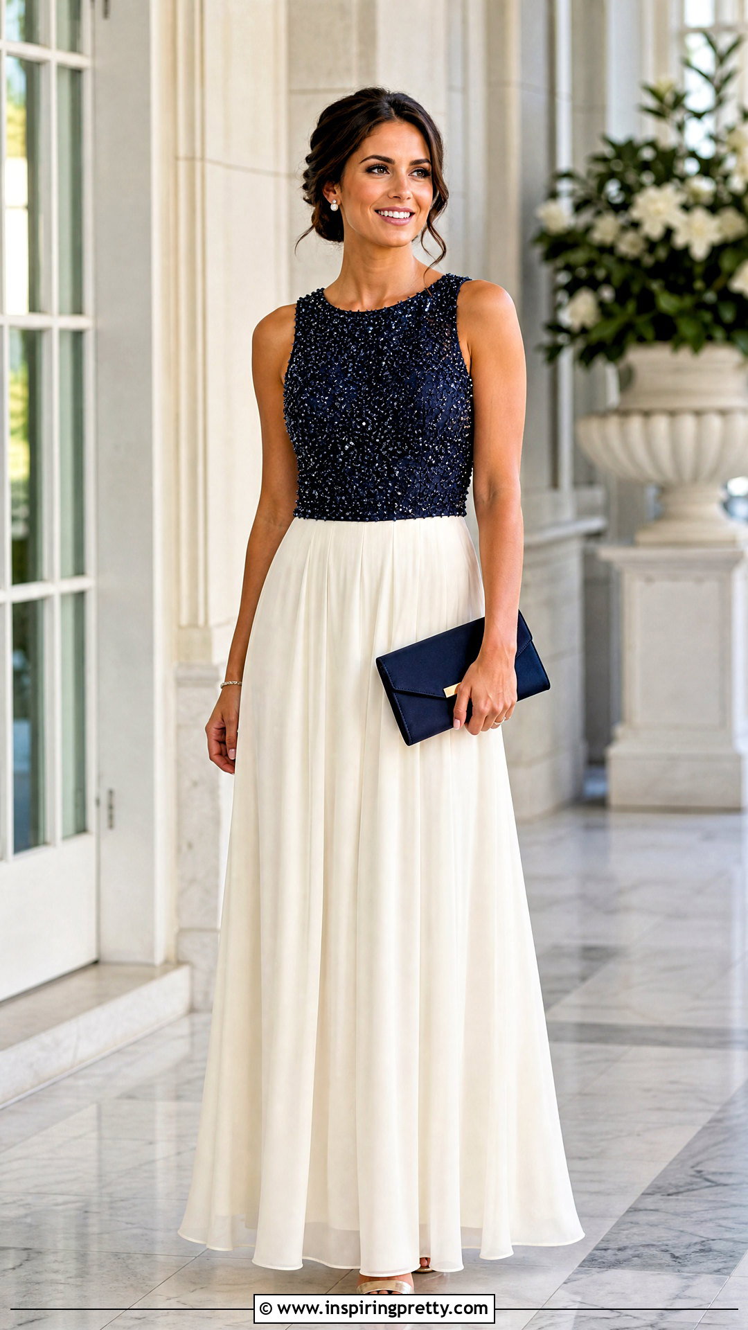 Navy Beaded Top With Ivory Maxi Skirt - 50 beaded tops outfit ideas