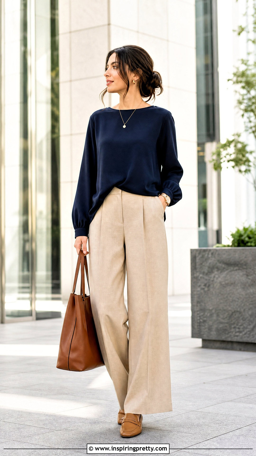 Navy Blouse Top With Beige Wide Leg Pants - 50 modest summer tops outfit ideas