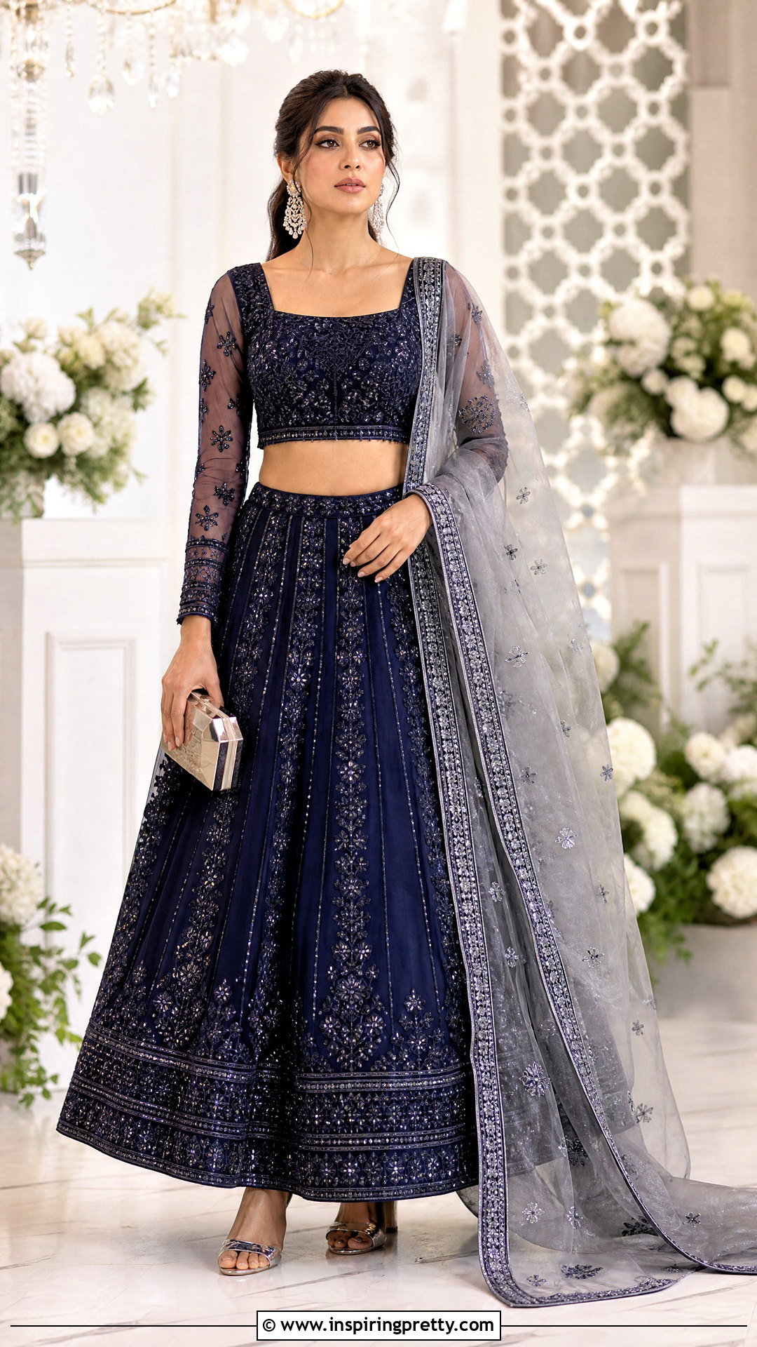 Navy Blue Chikankari Crop Top Lehenga Outfit - 25 chikankari crop top lehenga outfits