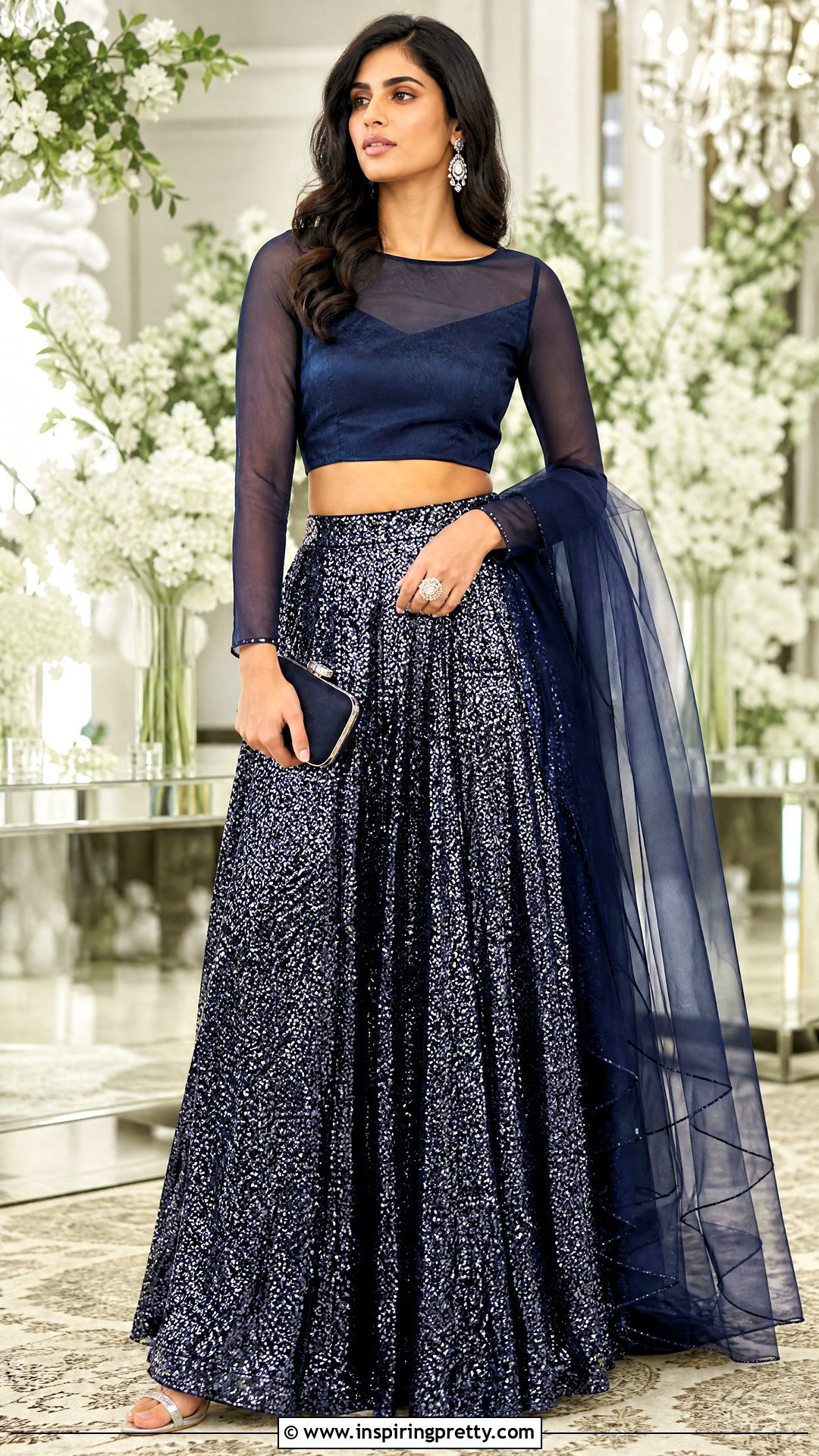 Navy Blue Organza Crop Top Lehenga Outfit - 50 organza crop top lehenga outfit ideas