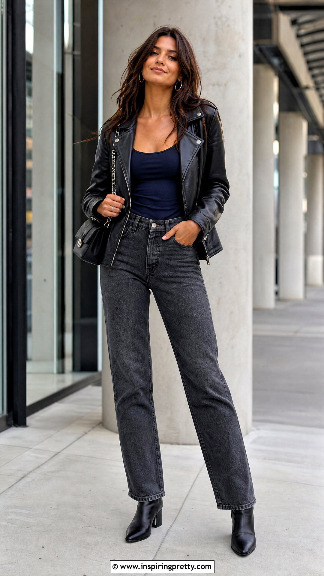 Navy Blue Tank Top With Black Leather Jacket - 50 navy blue tank top outfit ideas
