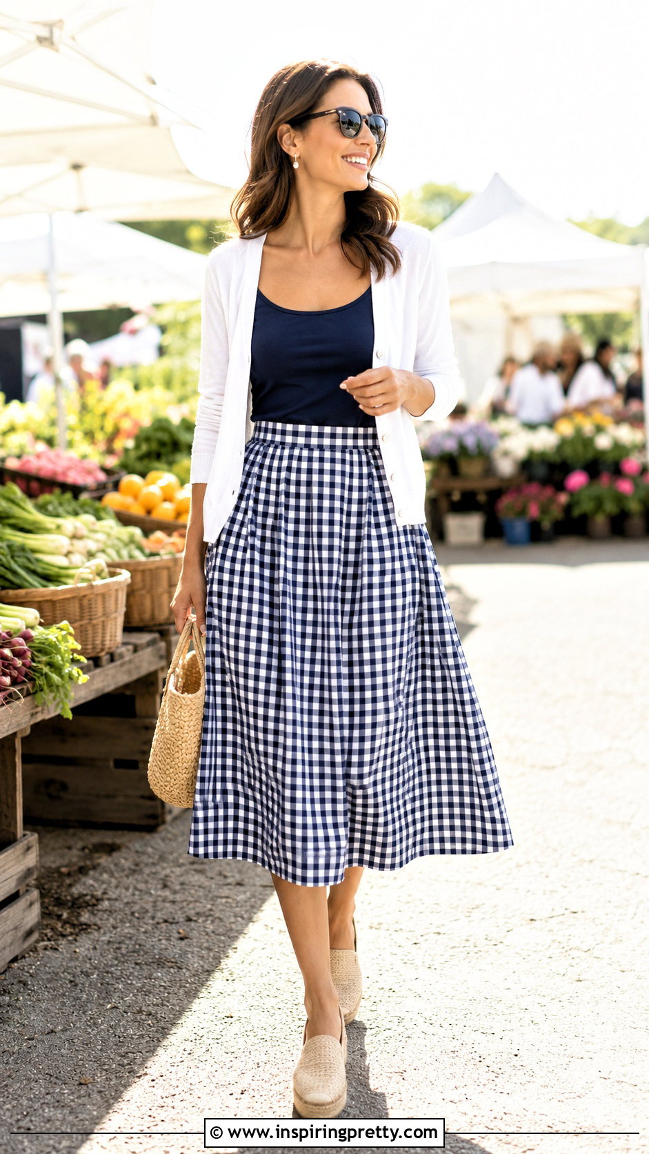 Navy Blue Tank Top With Gingham Skirt - 50 navy blue tank top outfit ideas