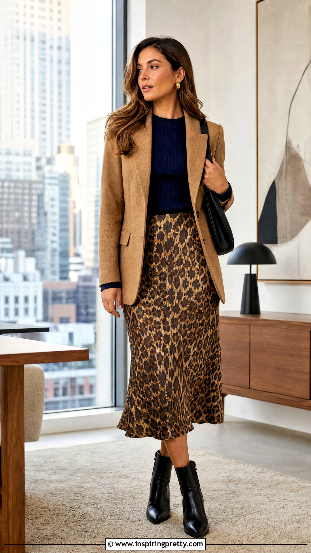Navy Blue Top With Leopard Midi Skirt - 50 navy blue top outfit ideas