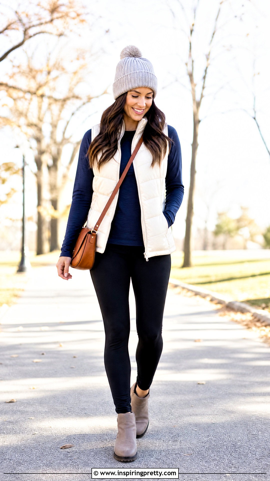 Navy Blue Top With Puffer Vest And Leggings - 50 navy blue top outfit ideas
