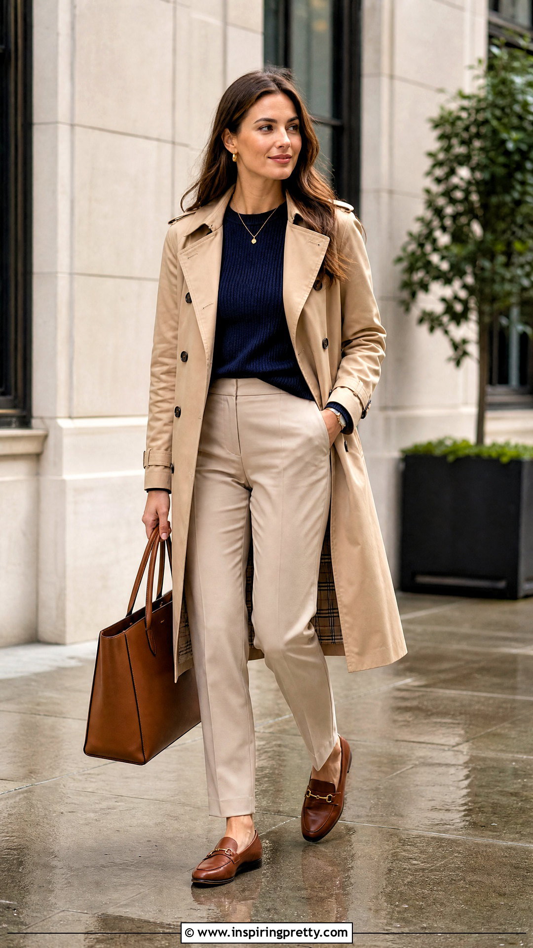 Navy Blue Top With Trench Coat And Trousers - 50 navy blue top outfit ideas