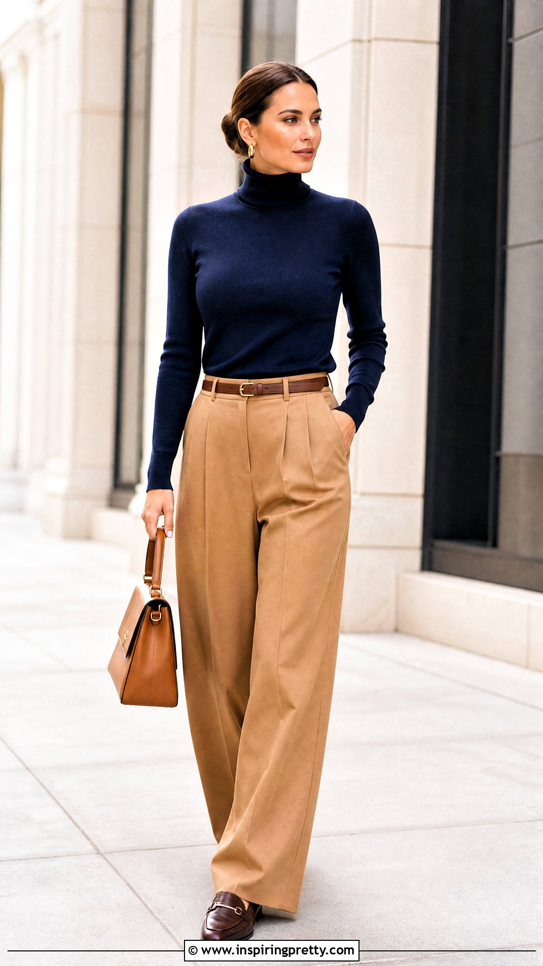 Navy Blue Turtleneck With Camel Pants - 20 blue top fashion style ideas