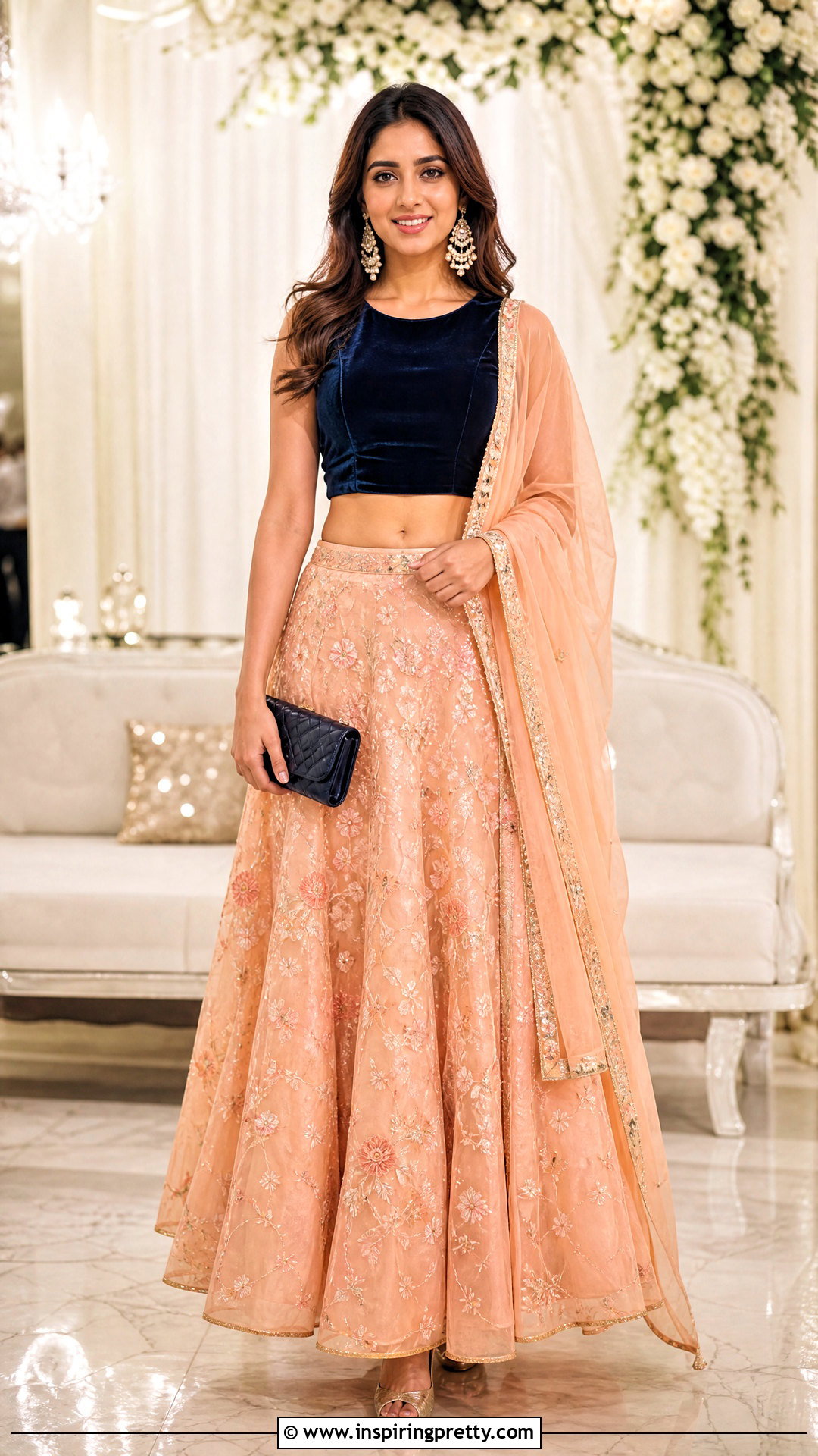 Navy Blue Velvet Crop Top With Peach Lehenga - 50 velvet crop top designs for lehengas