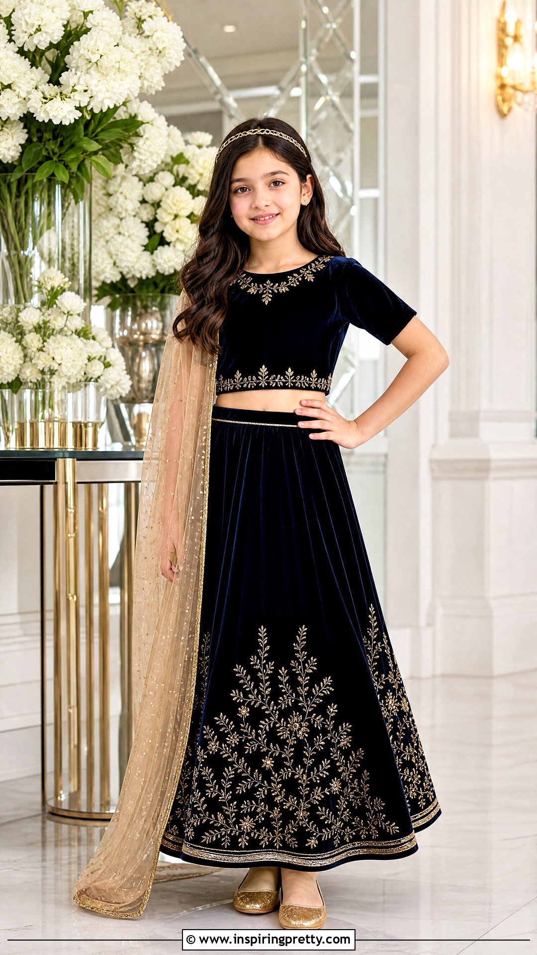 Navy Blue Velvet Kids Crop Top Lehenga - 50 kids crop top lehenga designs