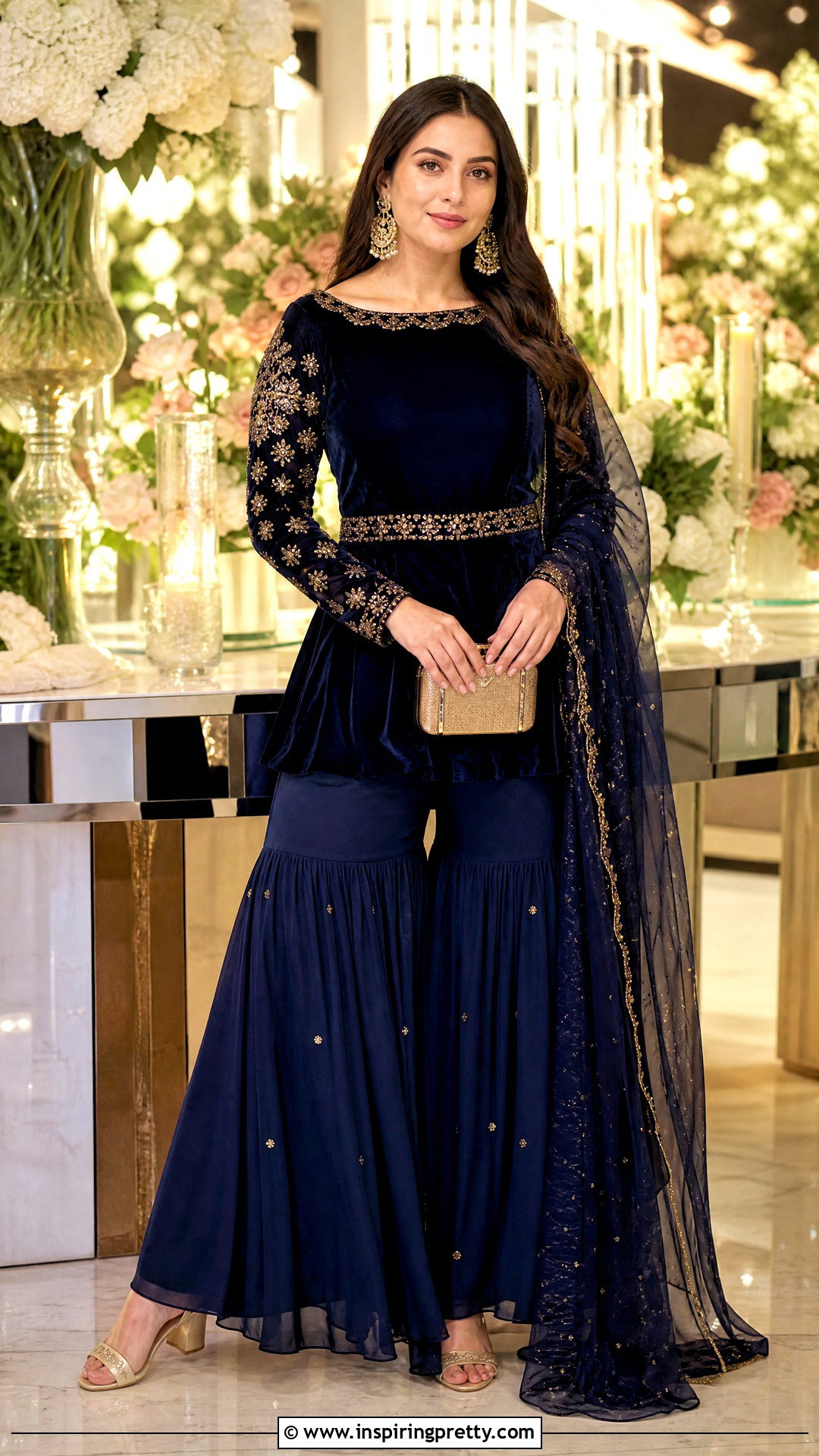 Navy Blue Velvet Peplum Top With Sharara - 50 peplum top with sharara outfit ideas