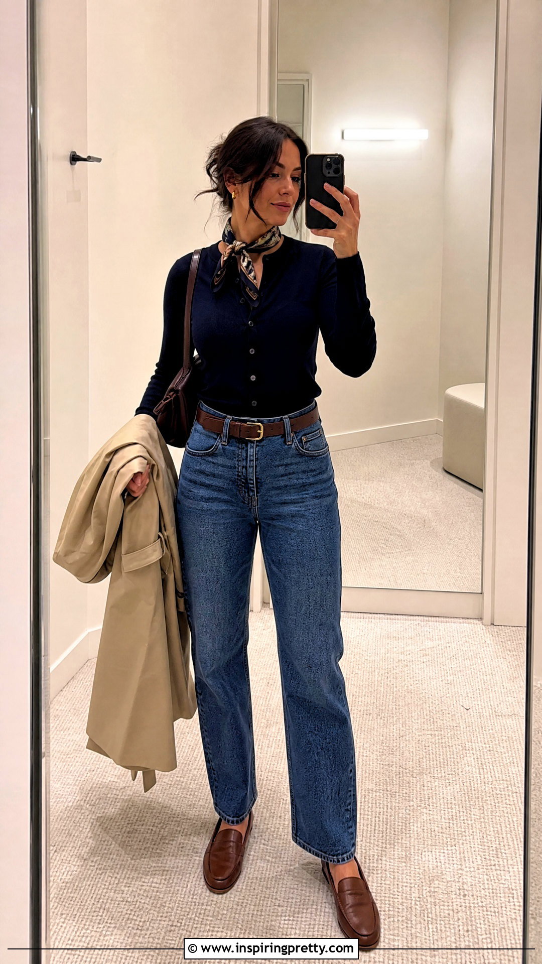 Navy Cardigan Top With Straight Jeans - 20 Preppy Blue Top outfit ideas