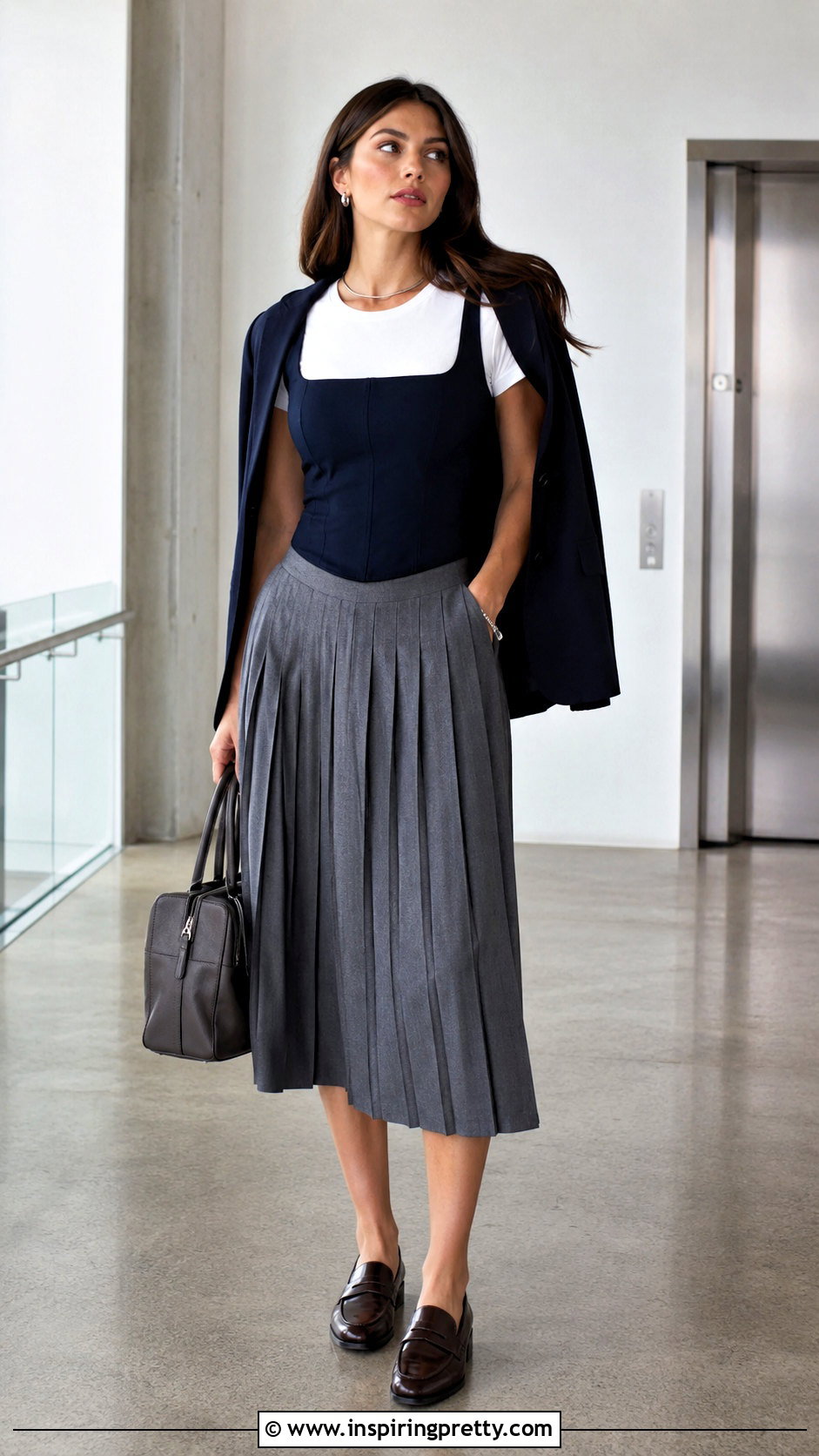 Navy Corset Top And Gray Pleated Skirt - 50 corset top and skirt outfit ideas