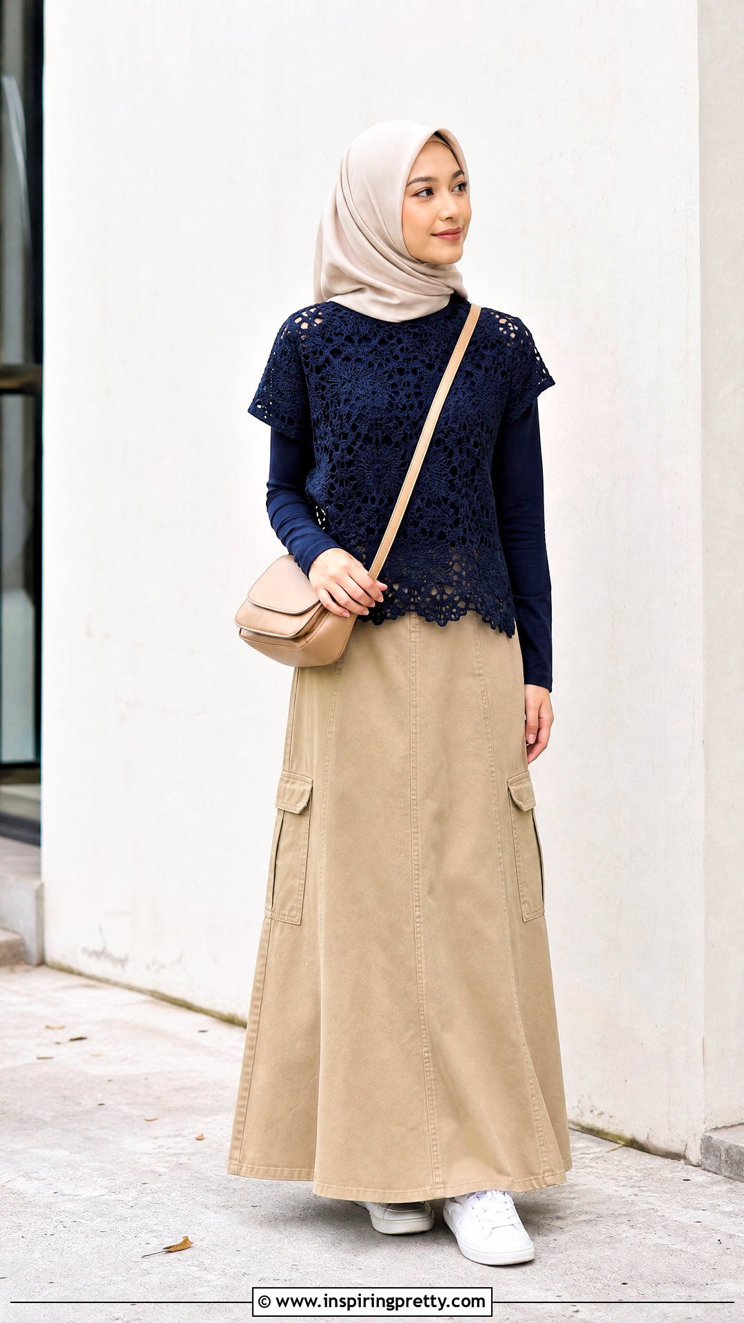Navy Crochet Top With A Khaki Maxi Skirt - 25 crochet top hijabi outfit ideas