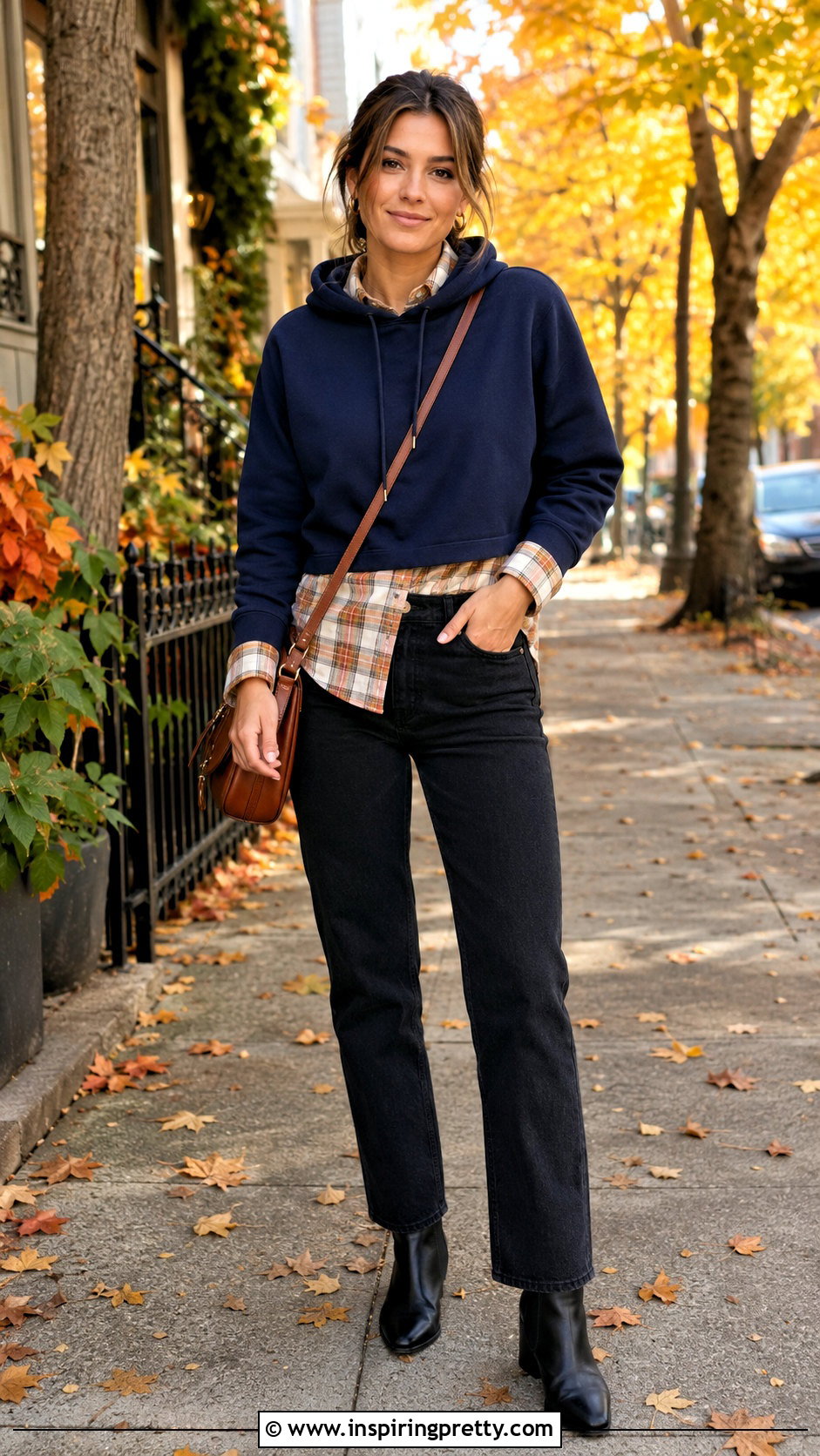 Navy Crop Top Hoodie With Plaid Shirt And Black Jeans - 20 crop top hoodie with shirt underneath outfit ideas
