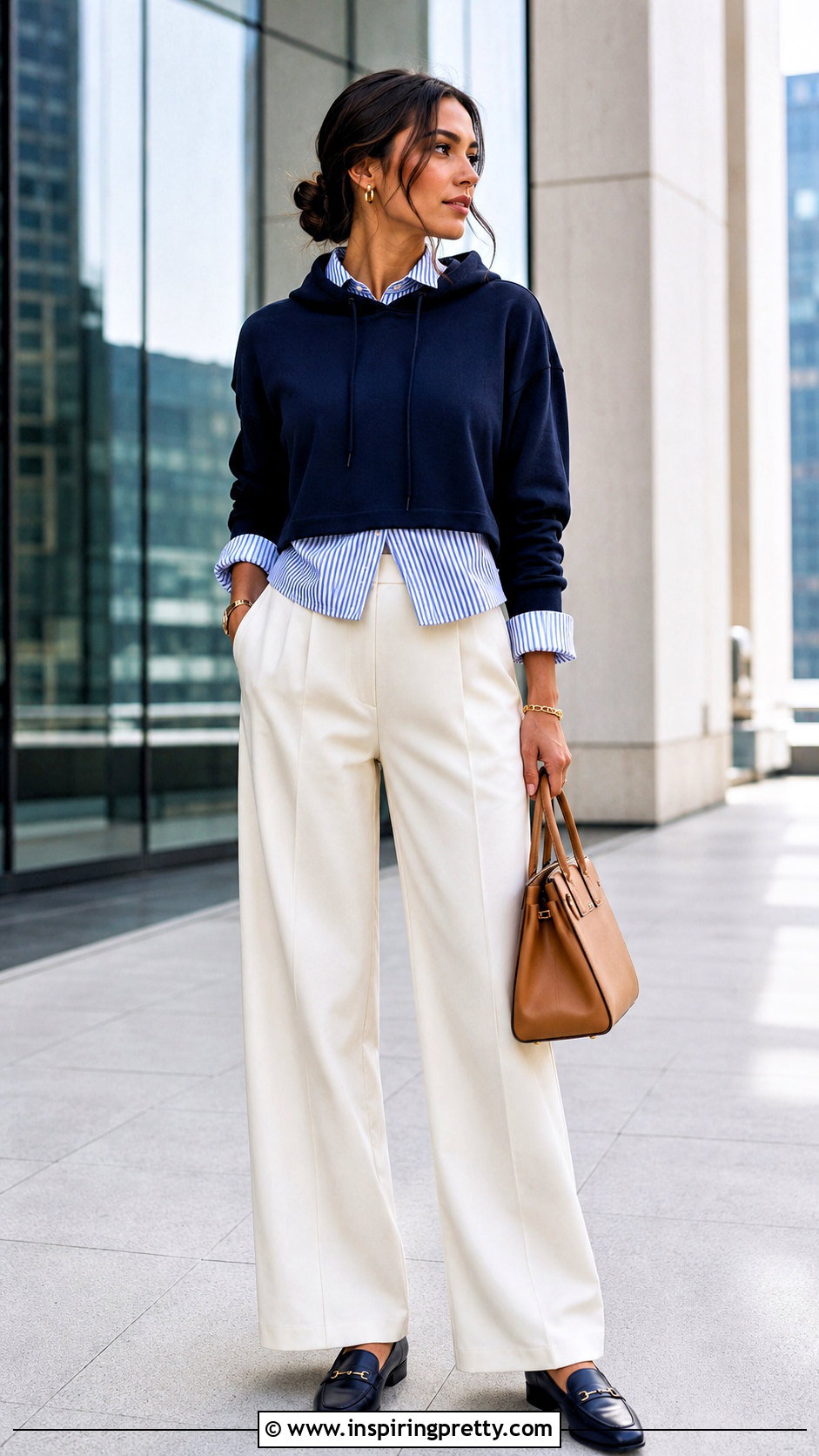 Navy Crop Top Hoodie With Poplin Shirt And Tailored Pants - 20 crop top hoodie with shirt underneath outfit ideas