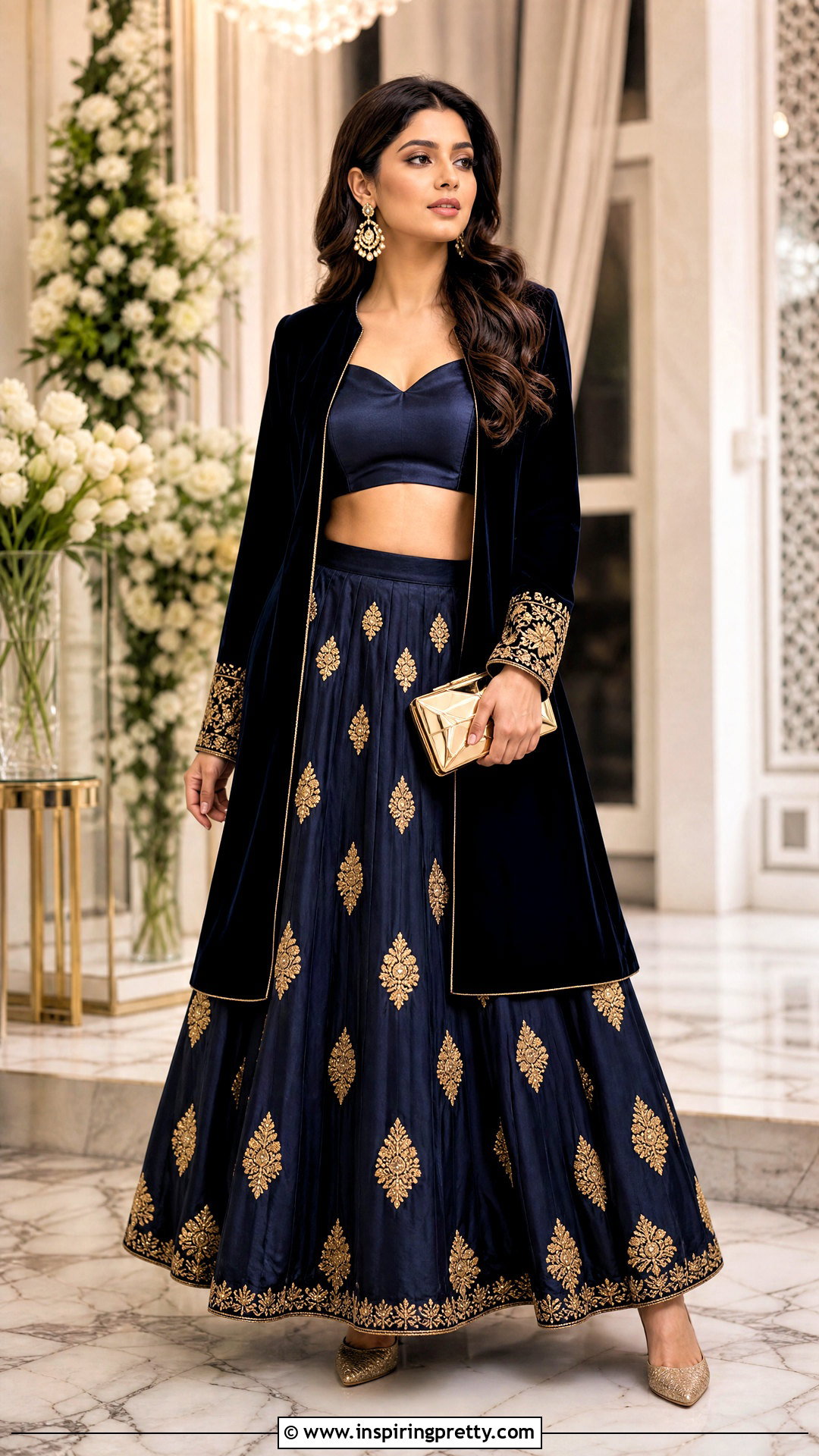 Navy Crop Top Lehenga With Velvet Jacket - 50 crop top lehenga with jacket outfit ideas