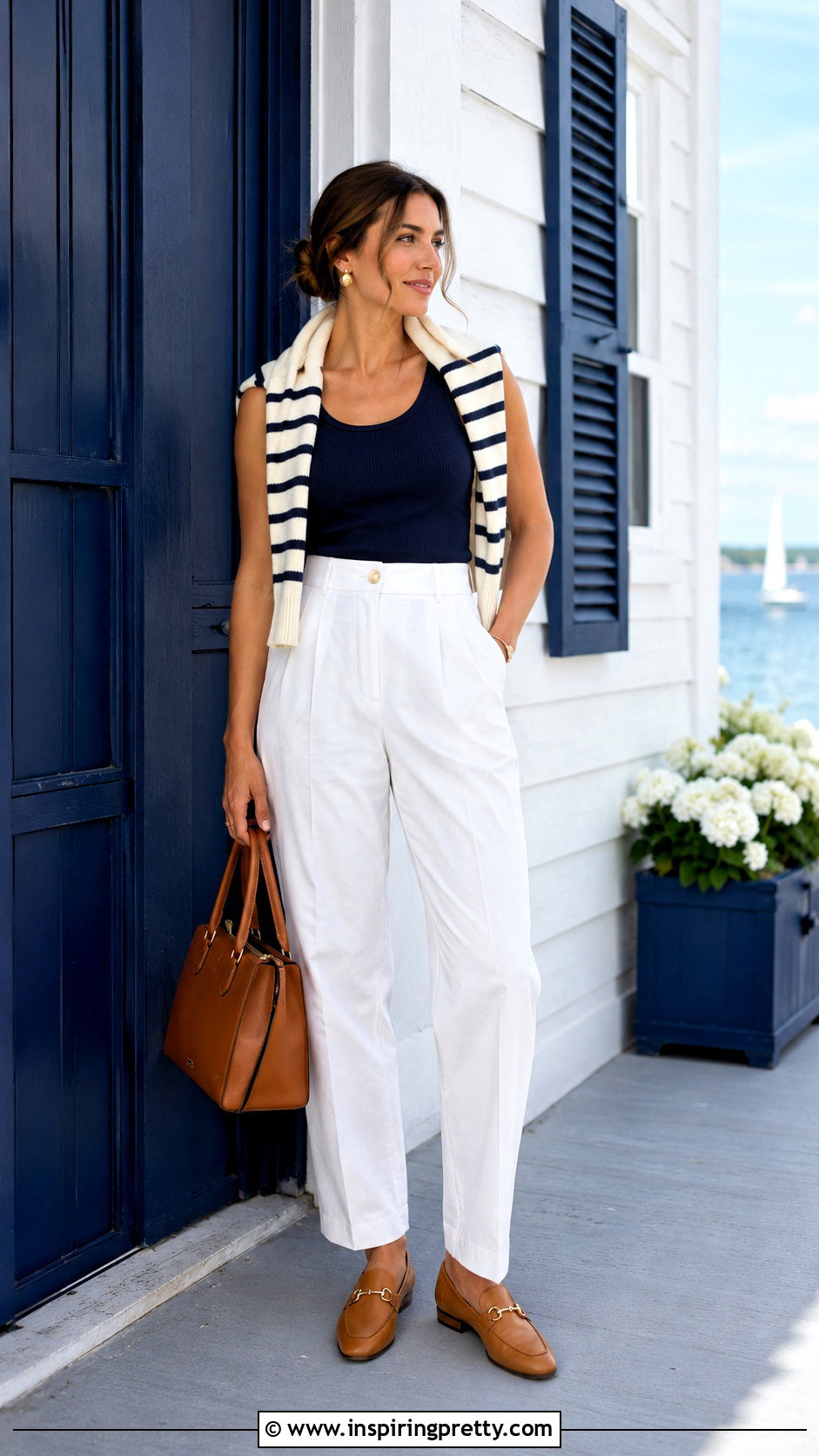 Navy Double Lined Top With White Pants - 50 double lining top outfit ideas