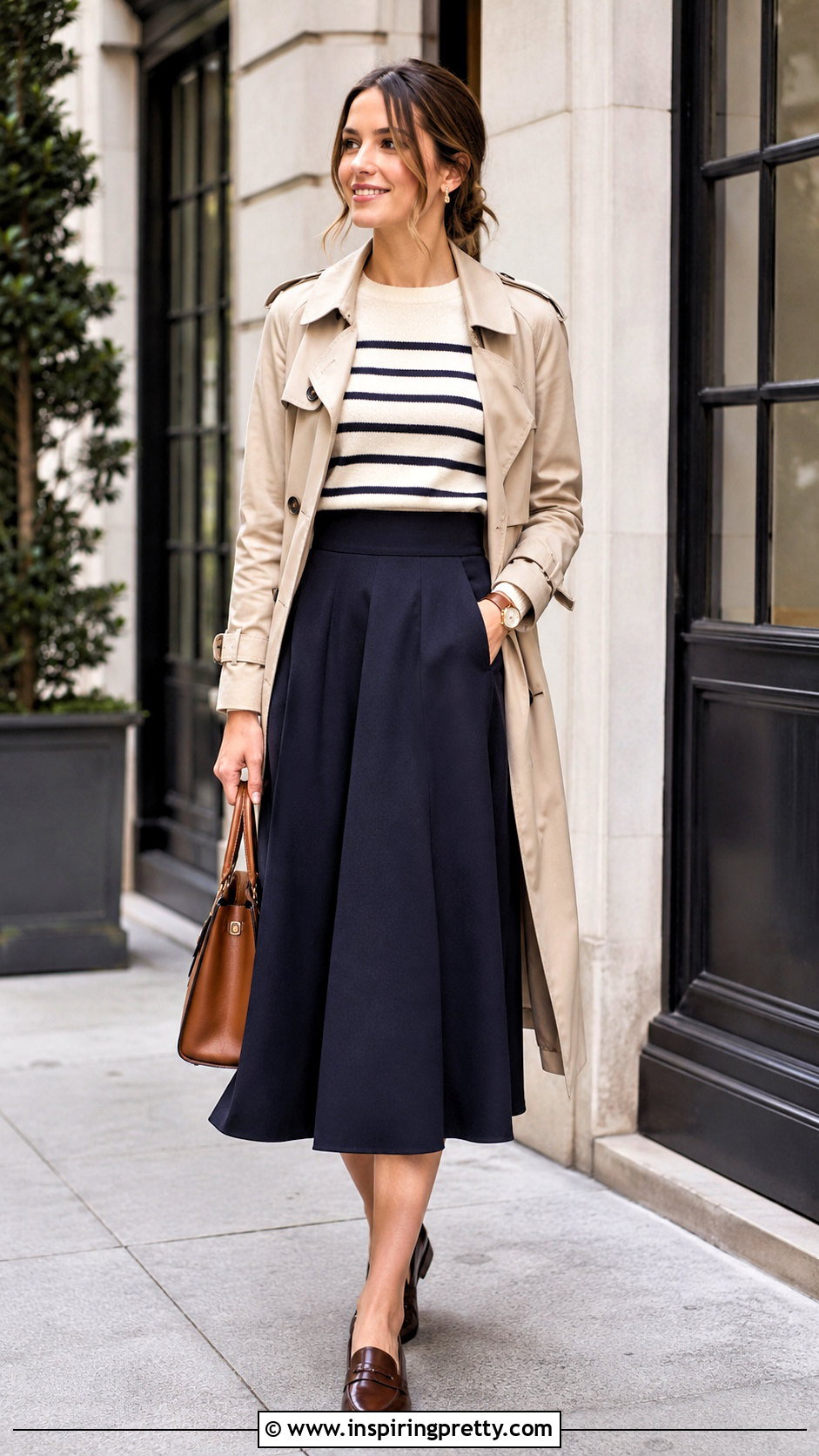 Navy Flare Skirt And Striped Sweater Outfit - 50 flay skirt and top outfit ideas