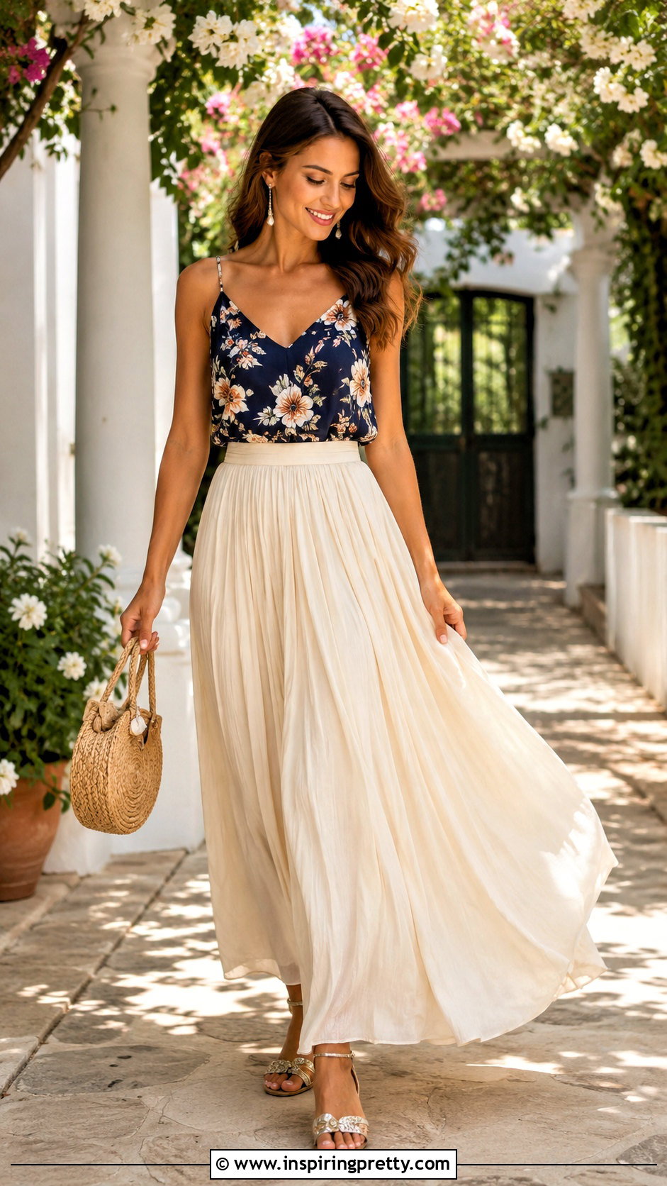 Navy Floral Summer Top With Cream Maxi Skirt - 20 navy floral summer top outfit ideas
