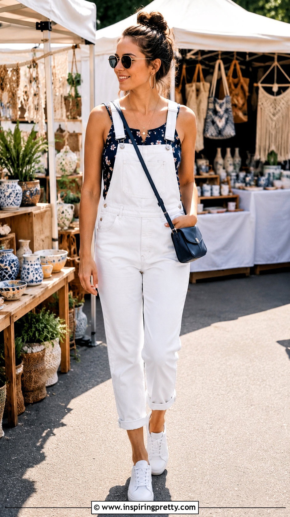Navy Floral Summer Top With White Overalls - 20 navy floral summer top outfit ideas