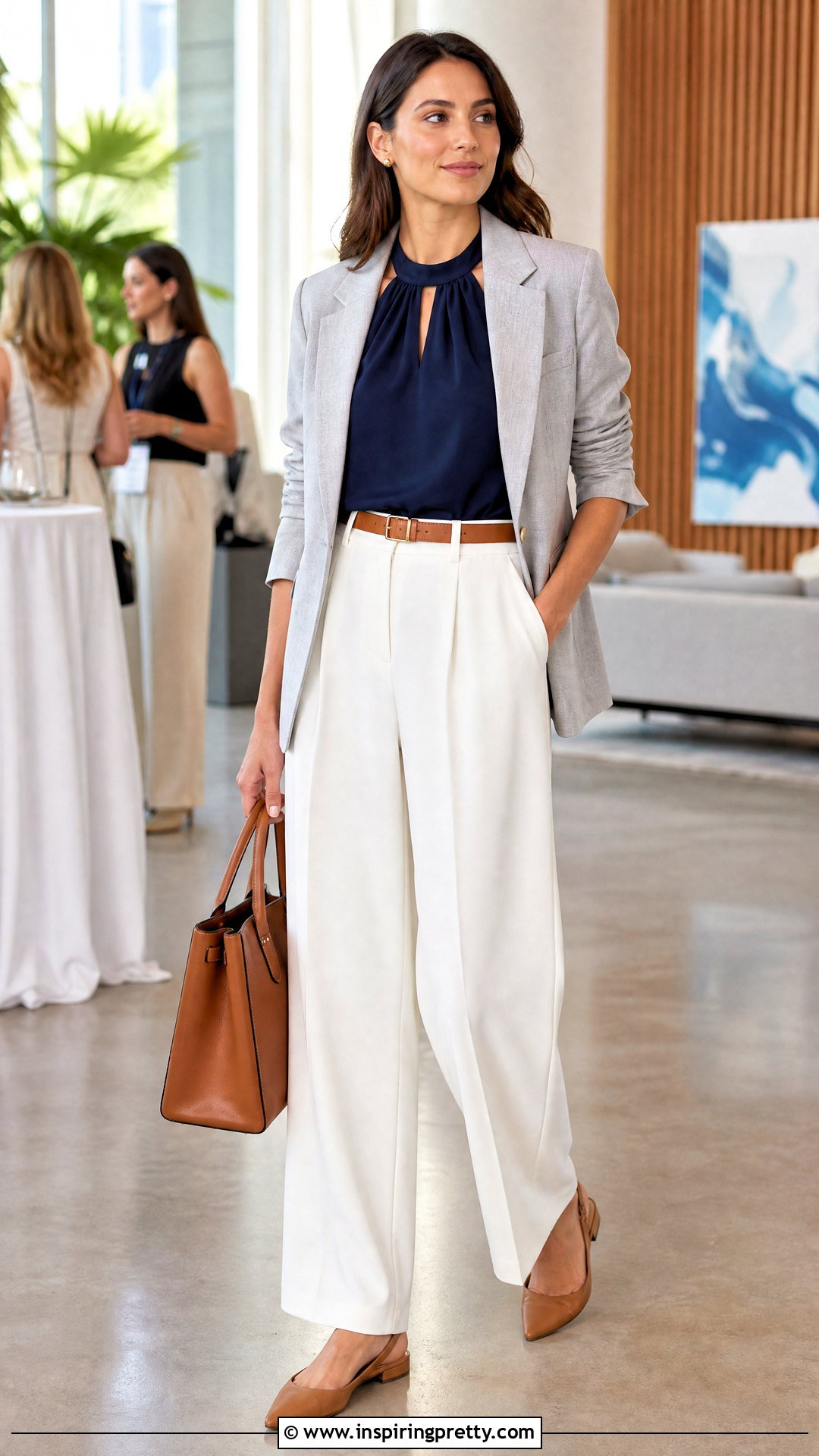 Navy Halter Top With White Wide Leg Trousers - 25 Halter Top Business Casual outfits
