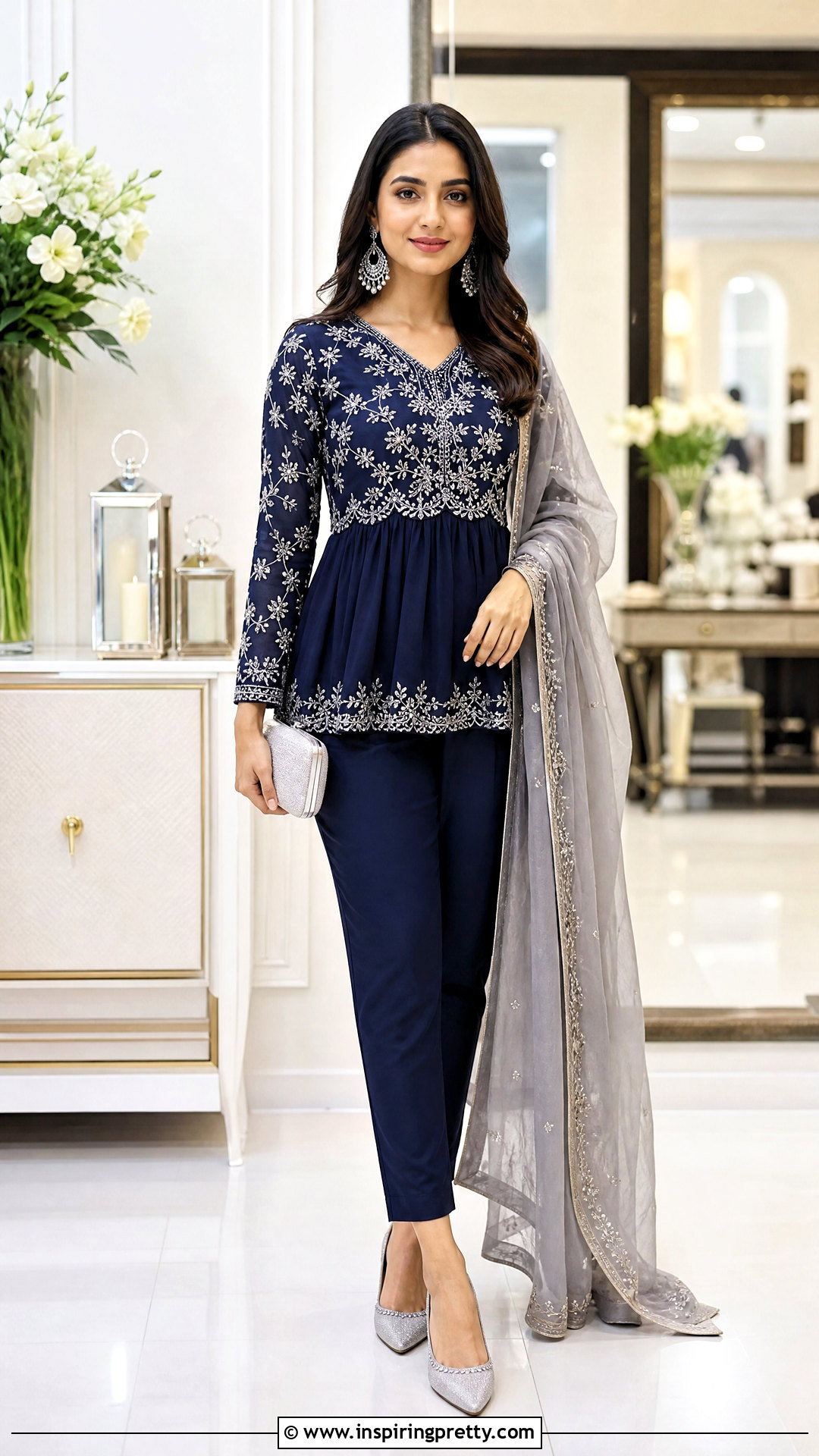 Navy Indian Peplum Top With Cigarette Pants - 50 indian peplum top outfits