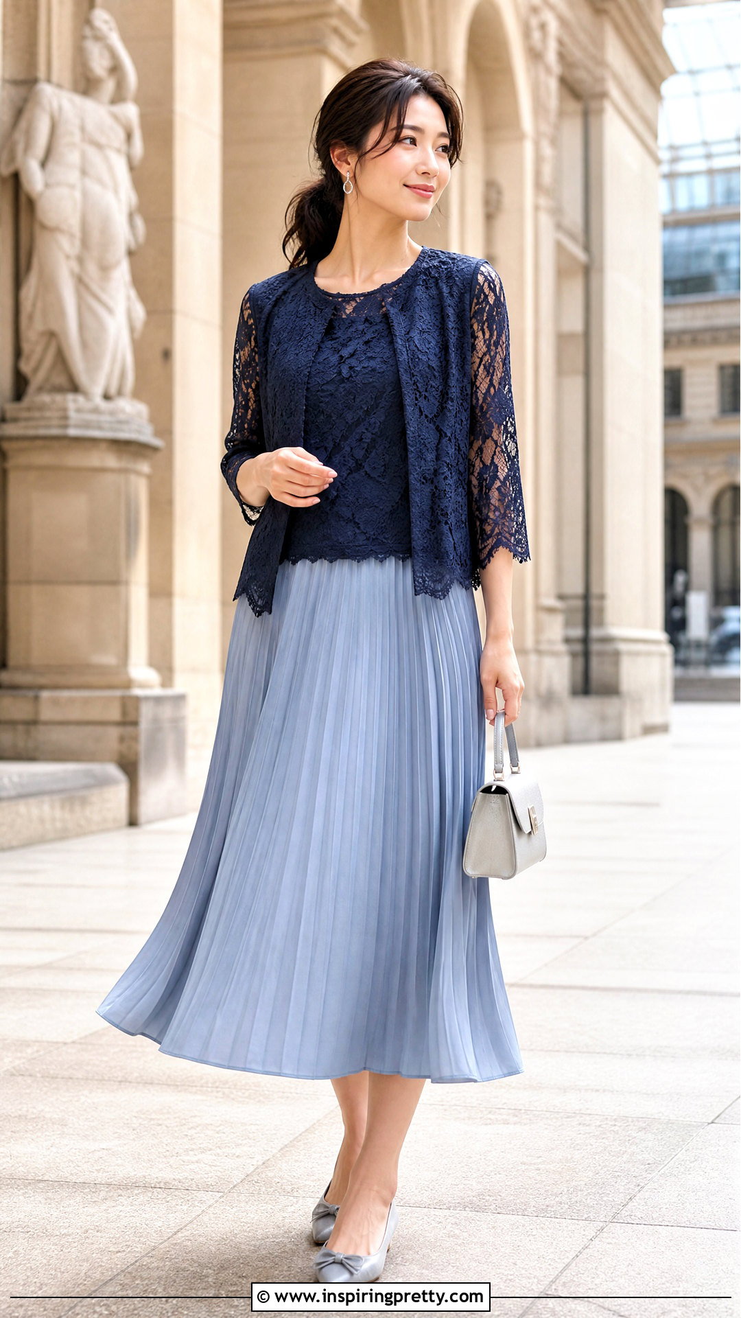 Navy Lace Layering Top With Pleated Midi Skirt - 50 Lace Layering Top Outfit ideas