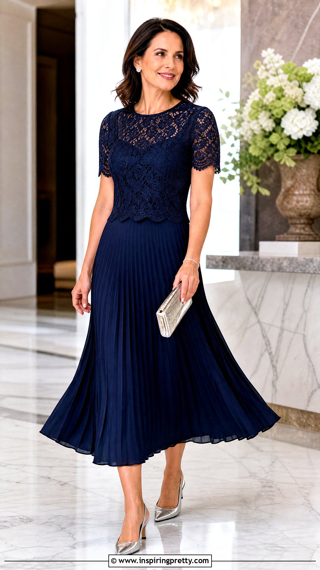 Navy Lace Top With Pleated Midi Skirt And Silver Heels - 20 Elegant Outfit With Lace Top And Heels