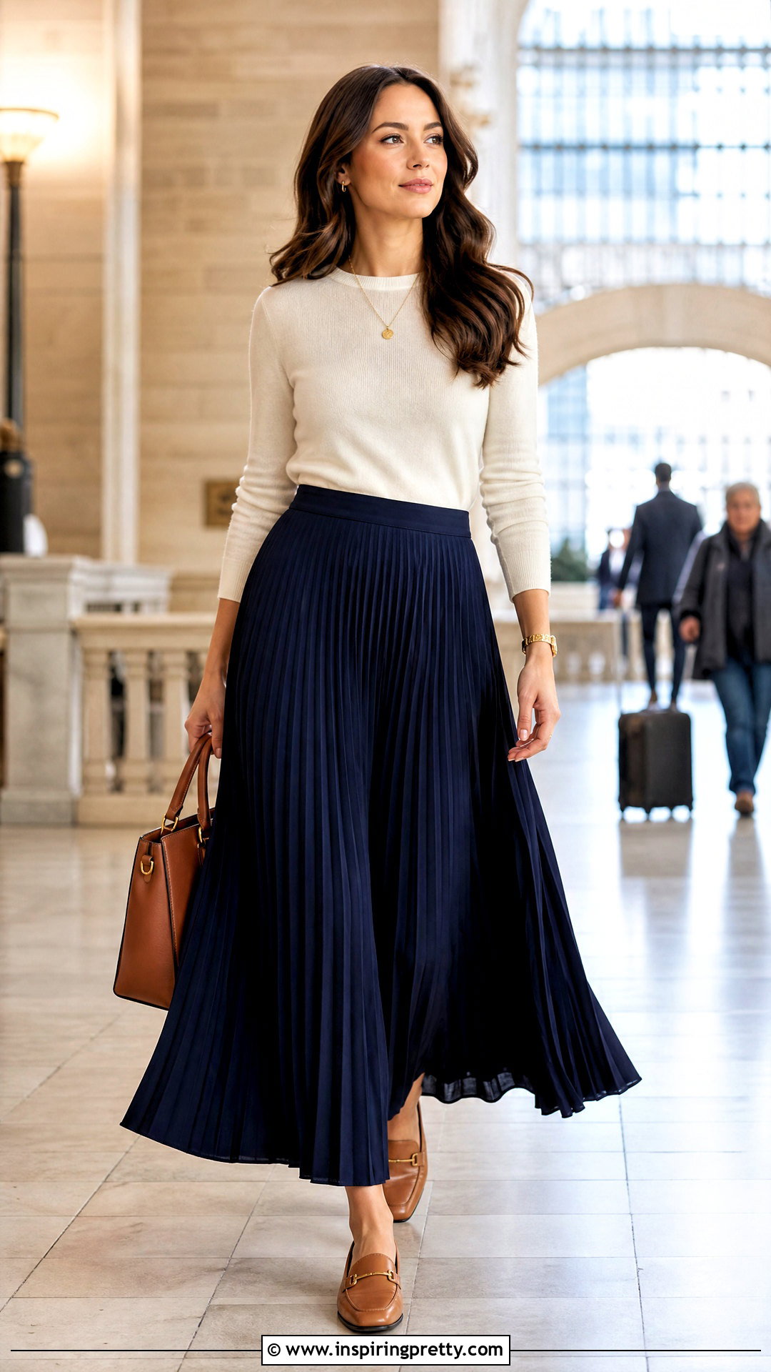 Navy Long Skirt With Cream Knit Top - 50 long skirt and top outfit ideas