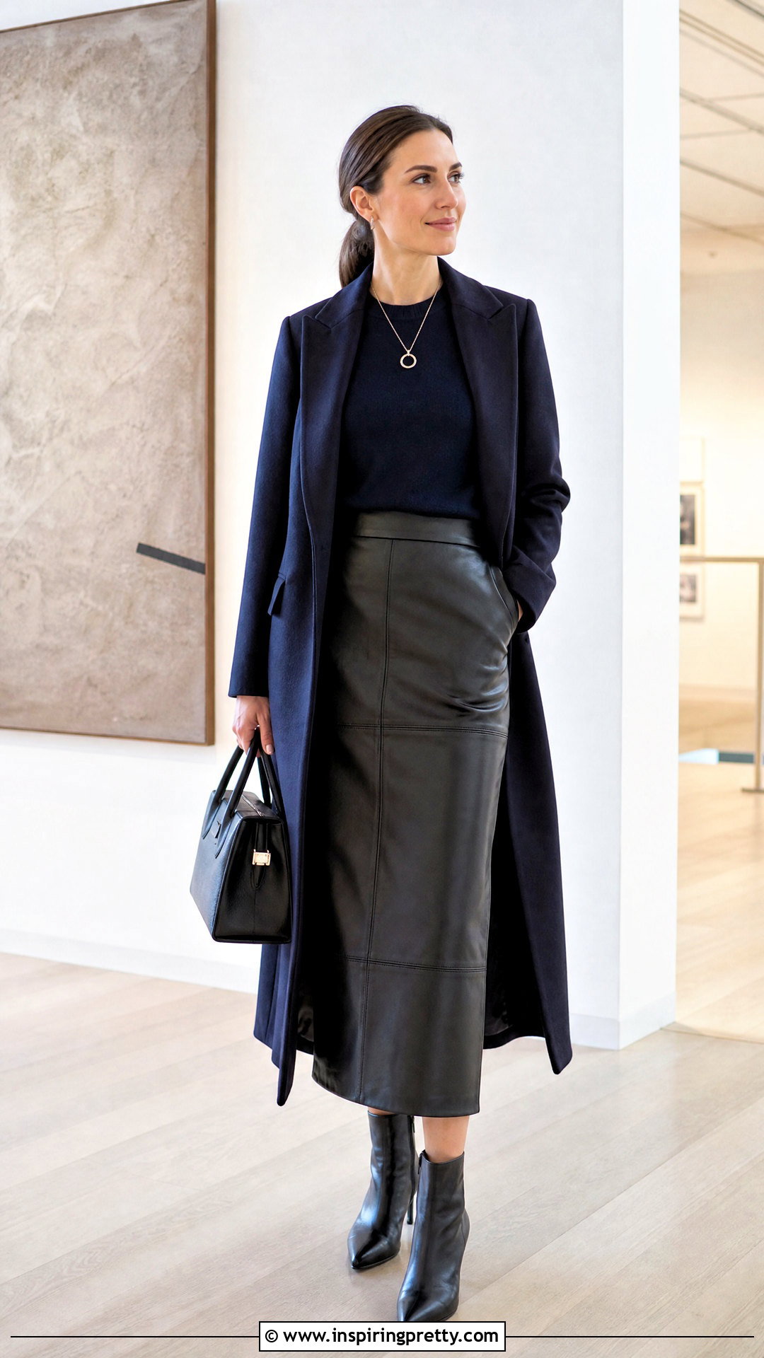 Navy Long Sleeve Top With Black Leather Skirt - 50 navy long sleeve top outfit ideas