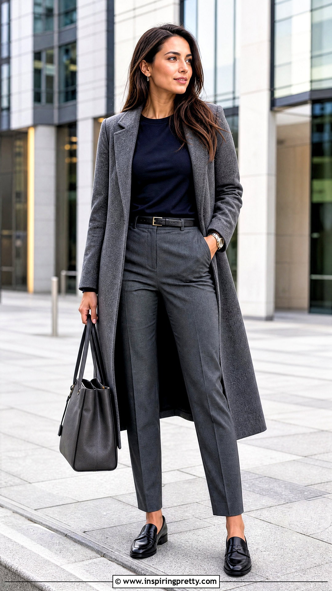 Navy Long Sleeve Top With Gray Trousers - 50 navy long sleeve top outfit ideas