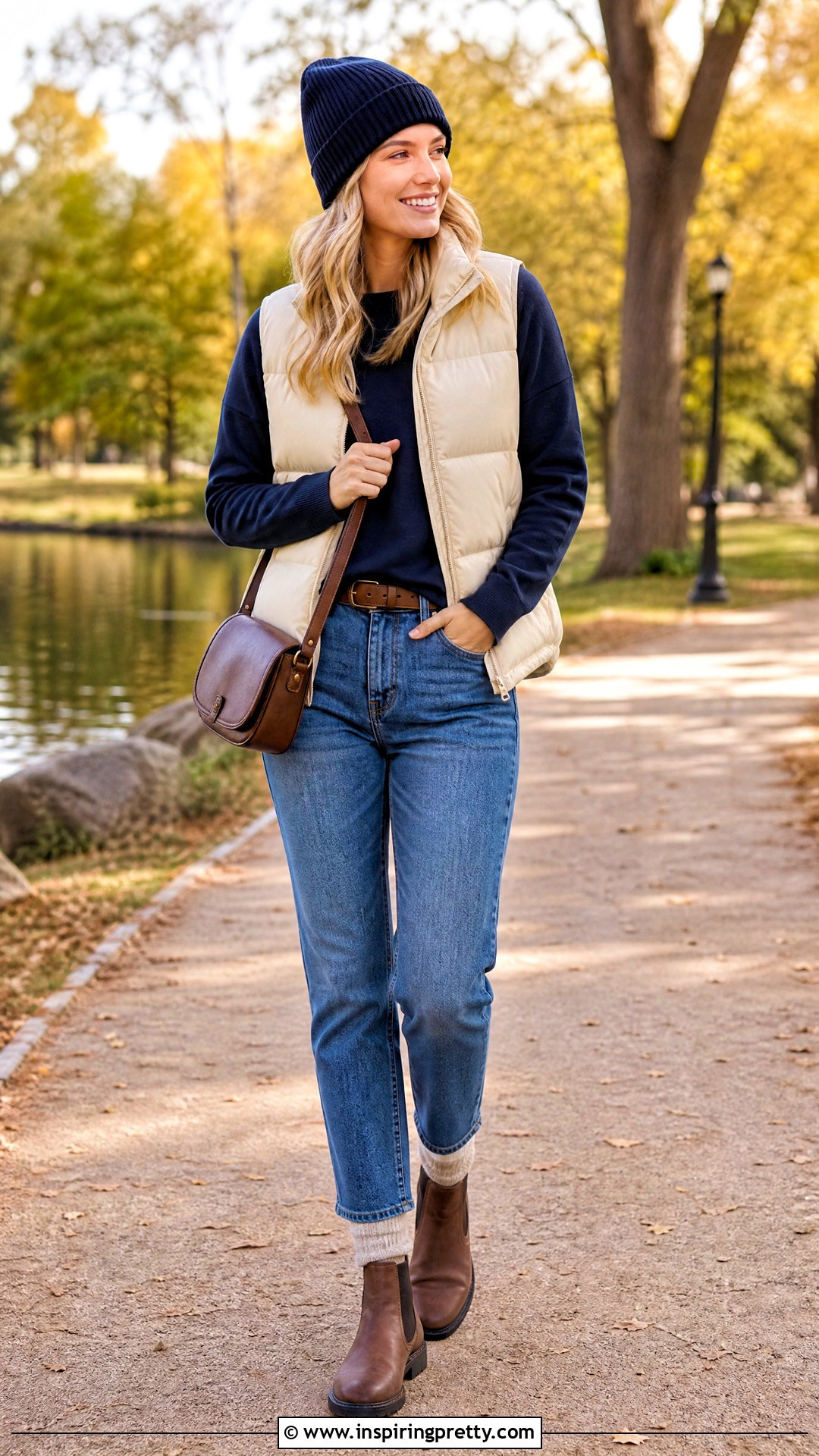 Navy Long Sleeve Top With Puffer Vest - 50 navy long sleeve top outfit ideas