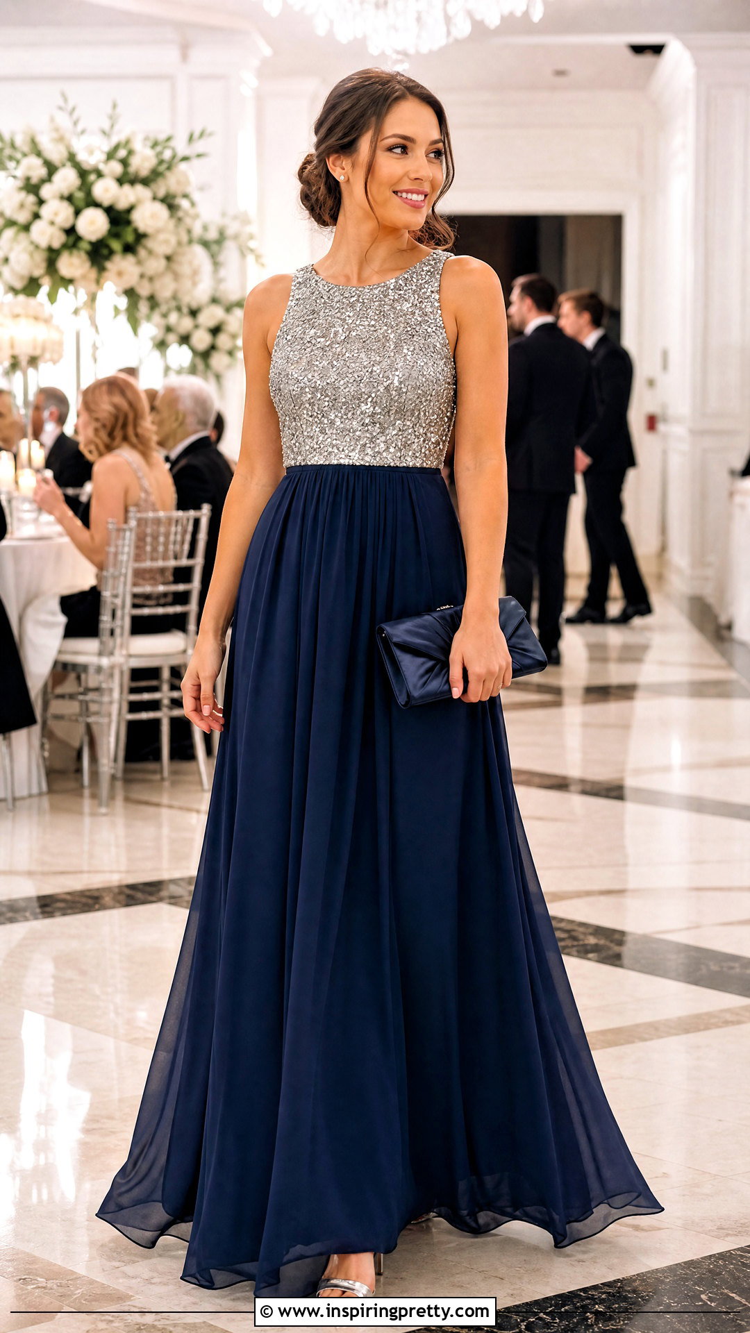 Navy Maxi Skirt And Sequin Top - 50 wedding guest skirt and top outfit ideas