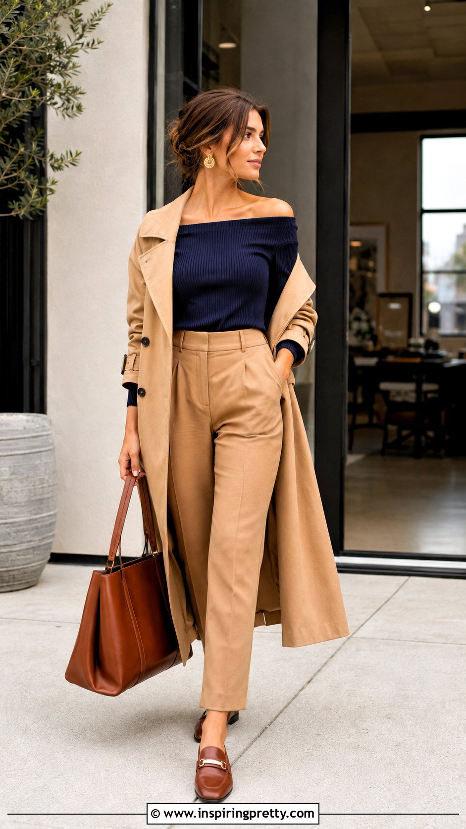 Navy Off Shoulder Top With Camel Trousers - 25 fall off the shoulder tops outfit ideas
