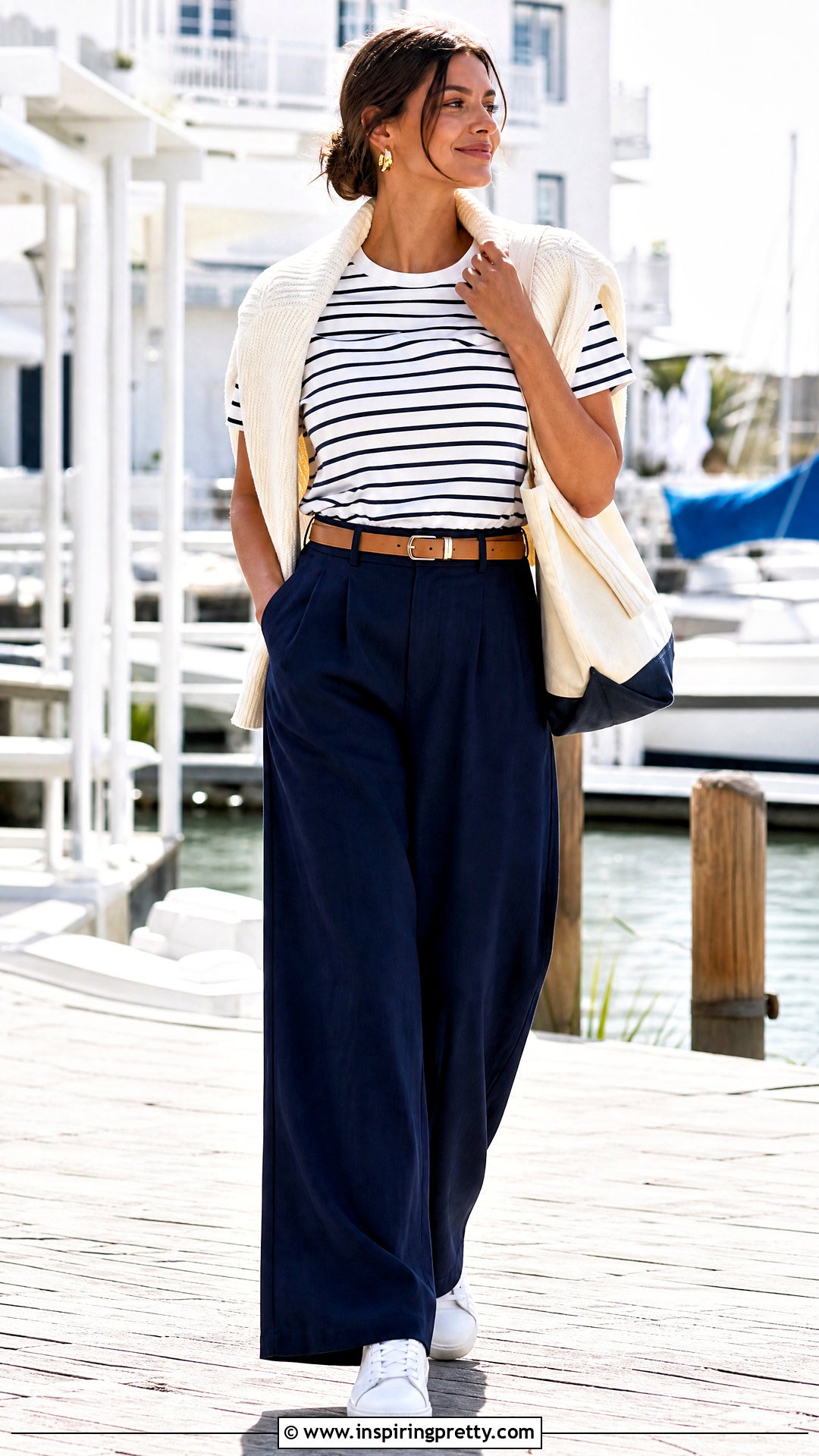 Navy Palazzo Pants With Striped T Shirt - 50 palazzo pants and top outfit ideas