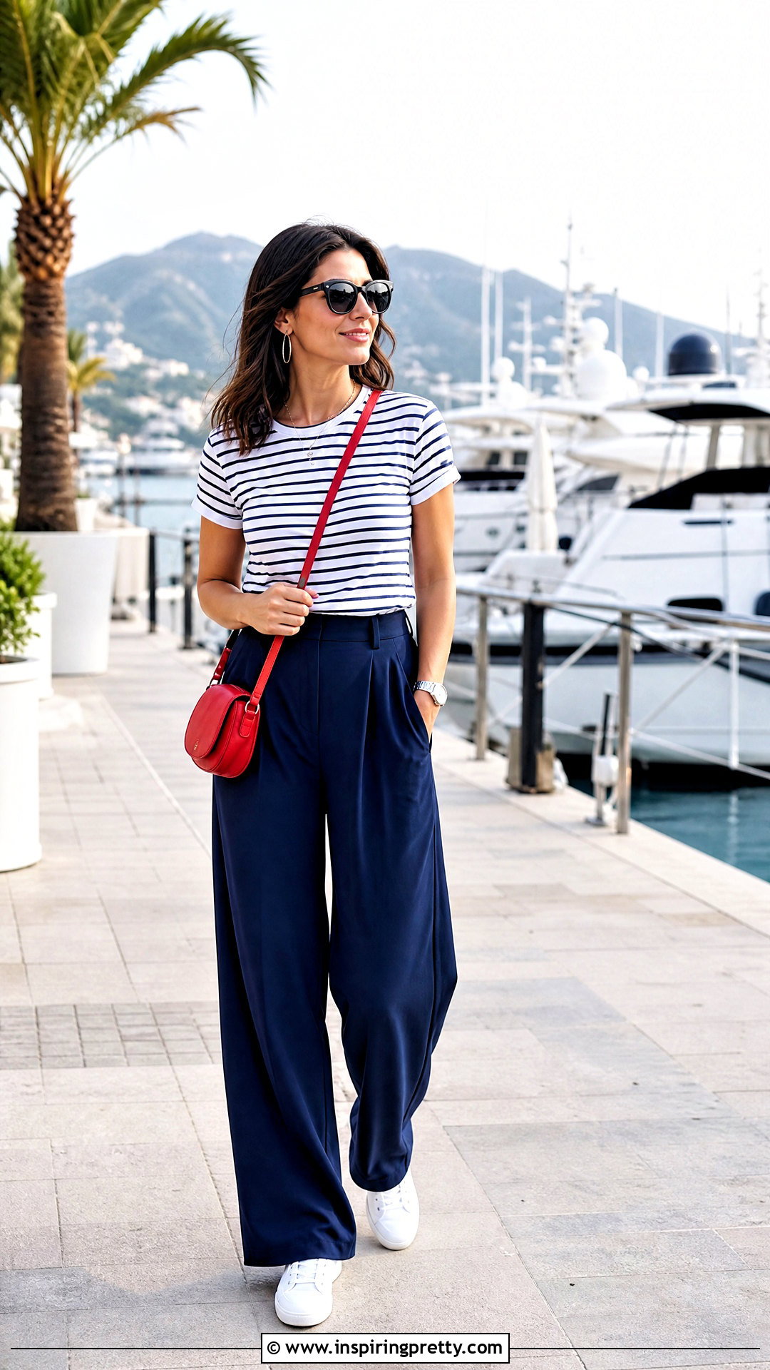 Navy Palazzo Trousers With Striped T Shirt - 50 palazzo trouser and top outfit ideas