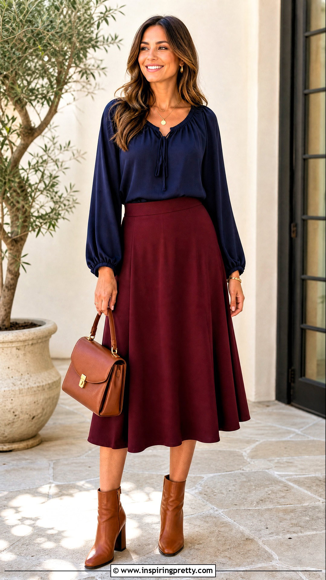 Navy Peasant Top With Burgundy Midi Skirt - 20 navy peasant top outfit ideas