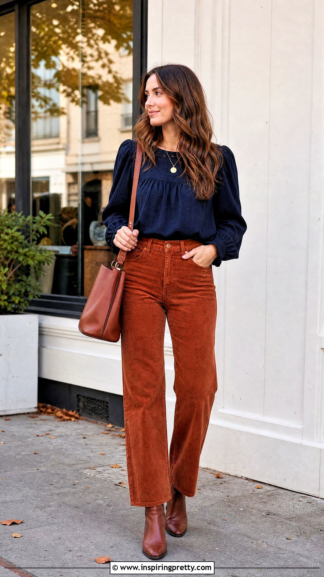 Navy Peasant Top With Corduroy Pants - 20 navy peasant top outfit ideas