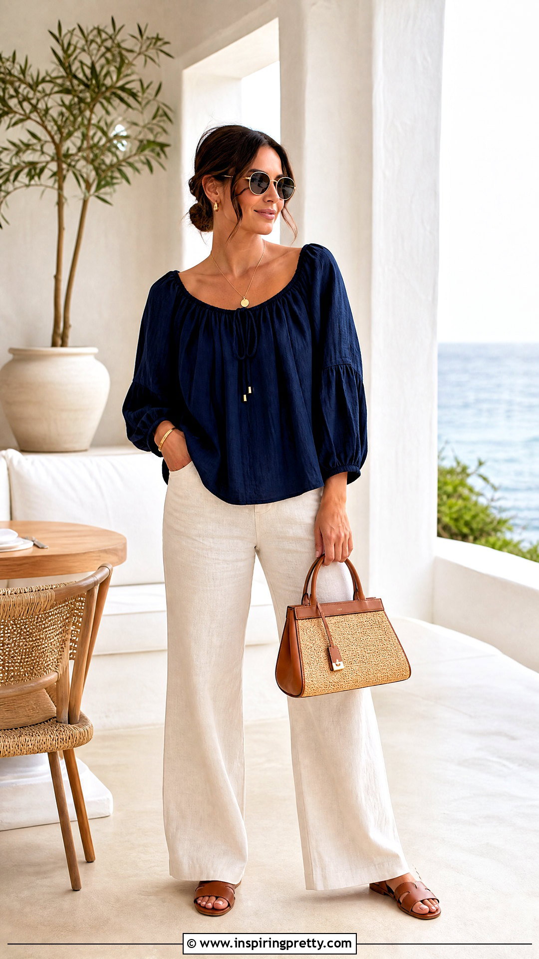 Navy Peasant Top With Cream Linen Pants - 20 navy peasant top outfit ideas