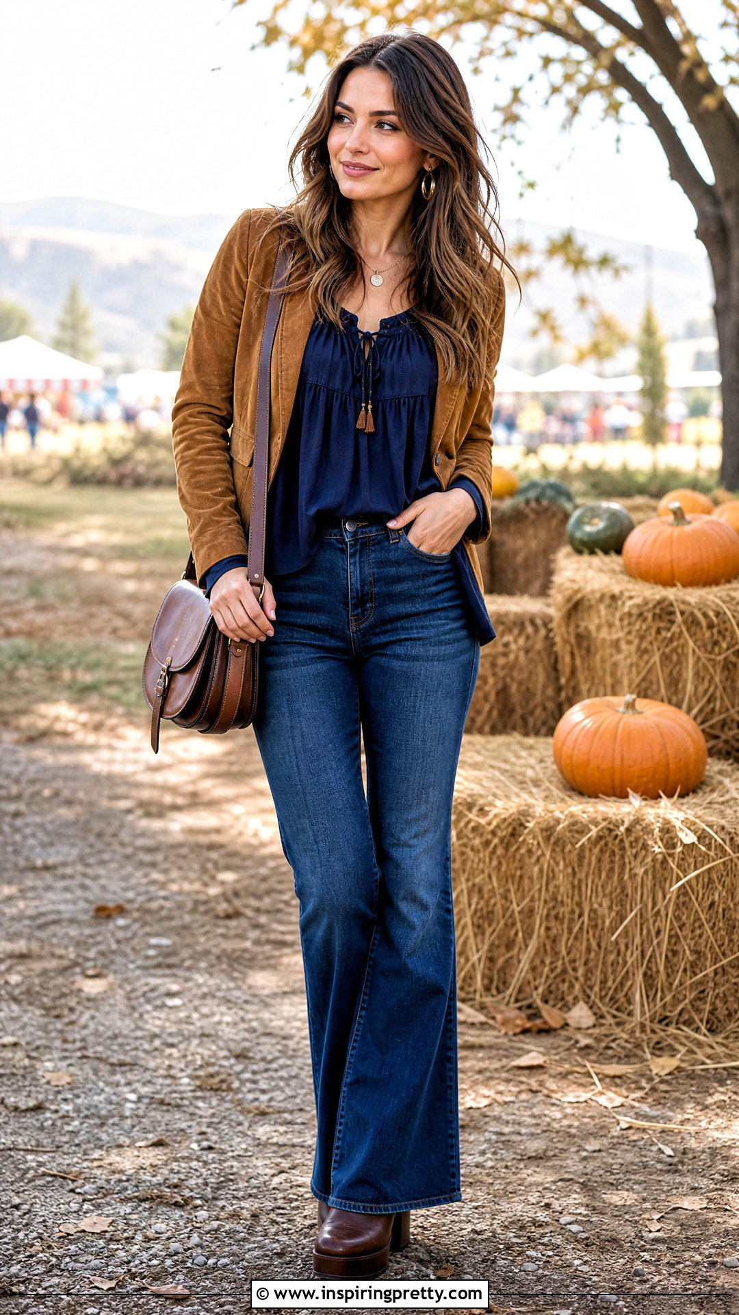 Navy Peasant Top With Flare Jeans And Suede Jacket - 20 navy peasant top outfit ideas