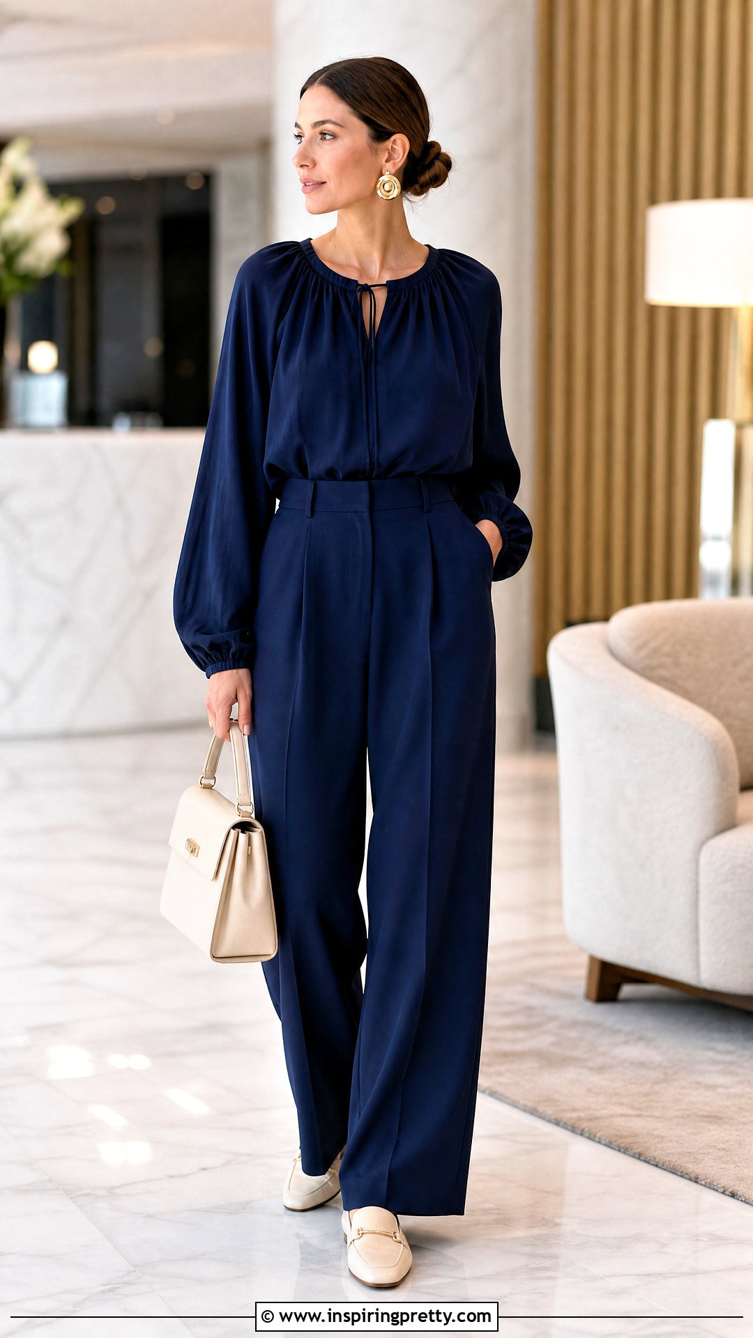 Navy Peasant Top With Navy Trousers - 20 navy peasant top outfit ideas