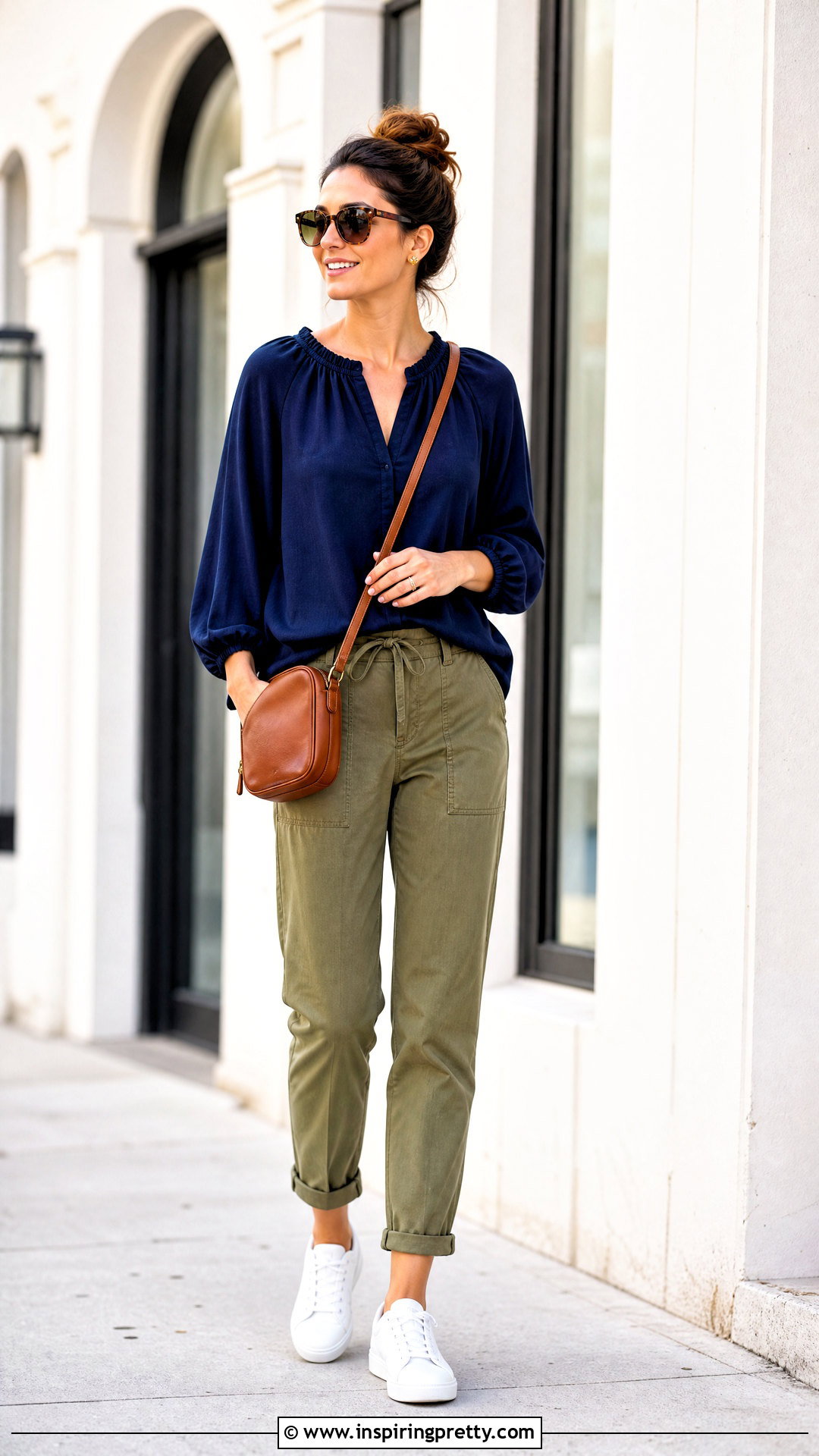 Navy Peasant Top With Olive Utility Pants - 20 navy peasant top outfit ideas