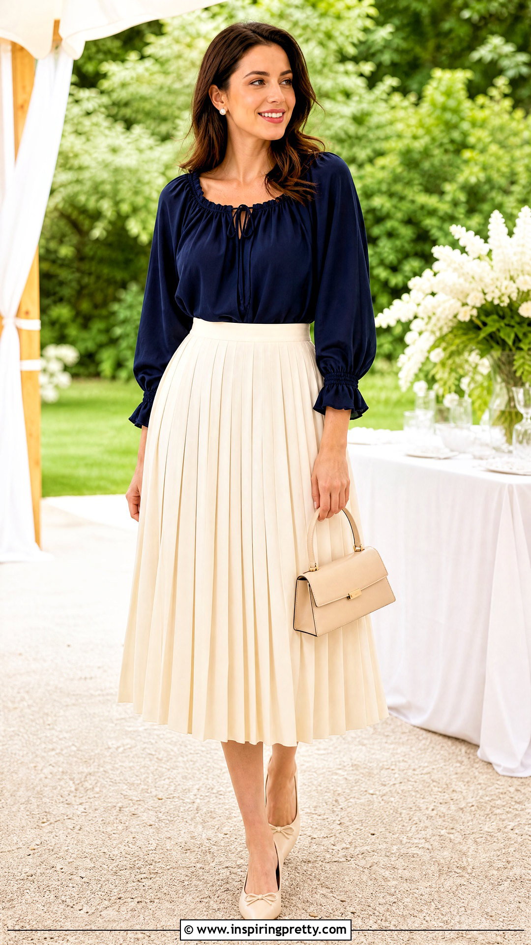 Navy Peasant Top With Pleated Midi Skirt - 20 navy peasant top outfit ideas
