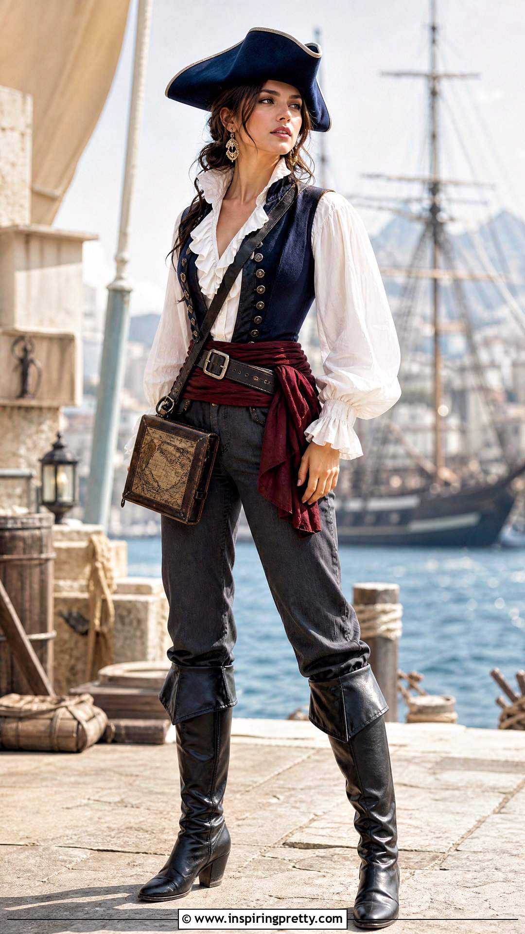 Navy Pirate Vest With Gray Trousers - 25 female pirate top outfit ideas