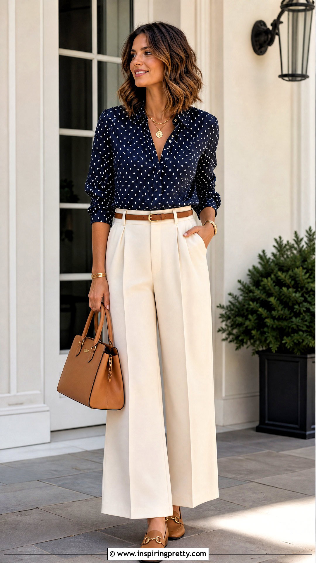 Navy Polka Dot Top With Cream Trousers - 50 polka dots top outfit ideas